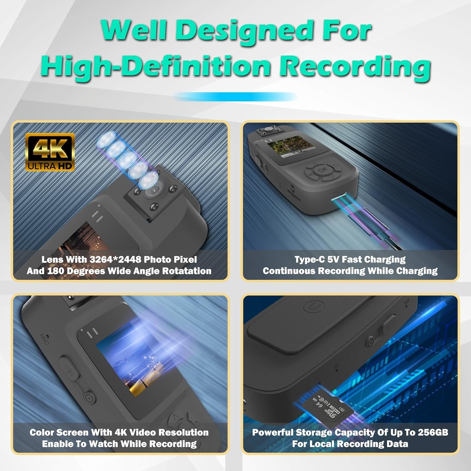 4K Mini Body Camera Video Recording WiFi with 180° Rotating Len and Night Vision