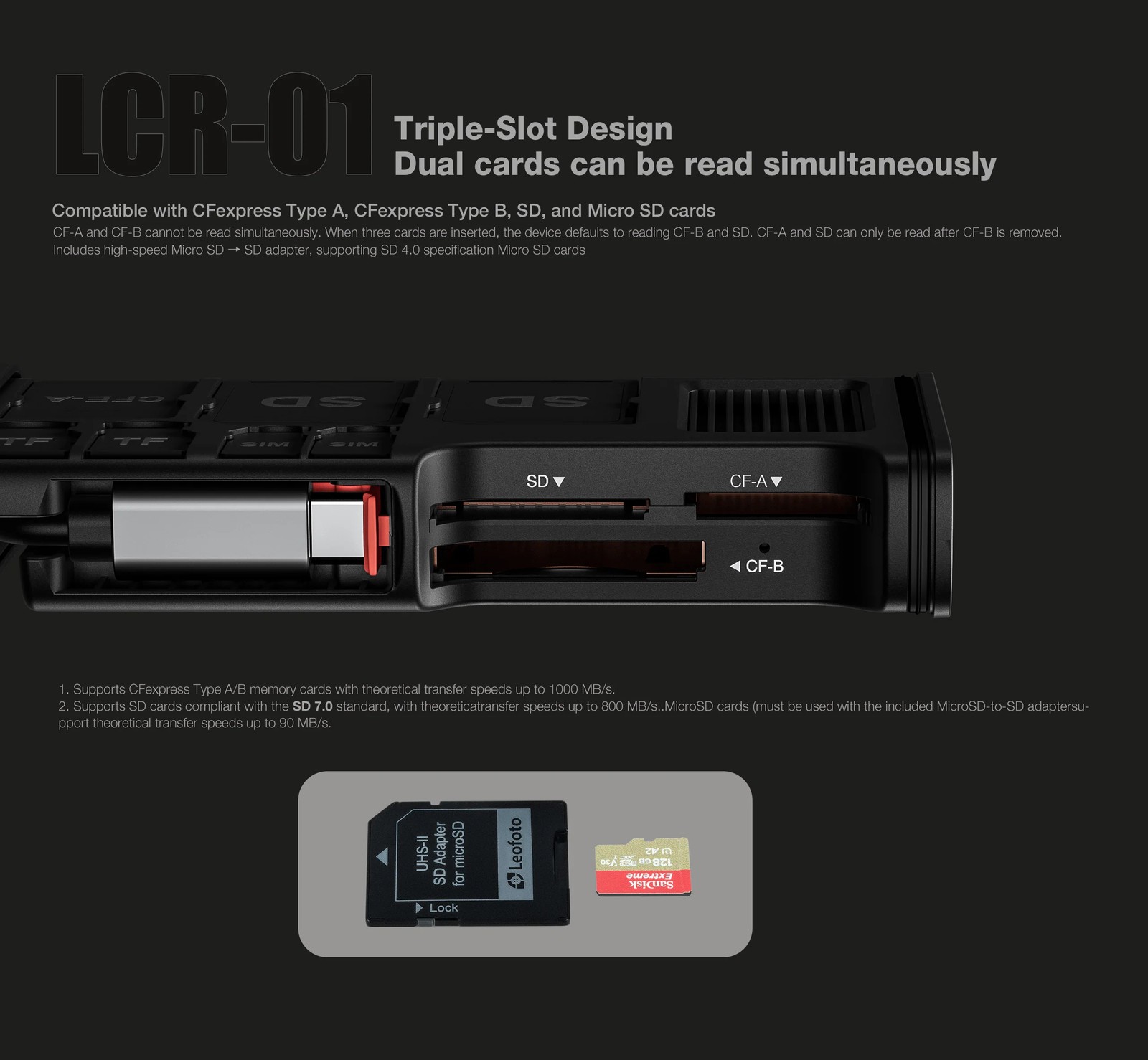 Leofoto LCR-01 Flash Transfer Card Case Quad-Card Reader w CFexpress Type A/B&SD