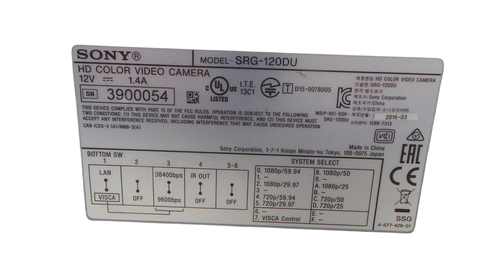 Sony SRG-120DU 1080P 12x-Optical Zoom USB 3.0 Full HD PTZ Camera