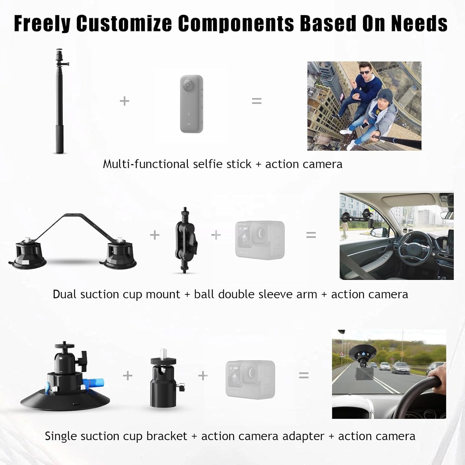 Triple Strong Suction Cup Camera Car Mount for Insta360, with 2In1 Extension Pol