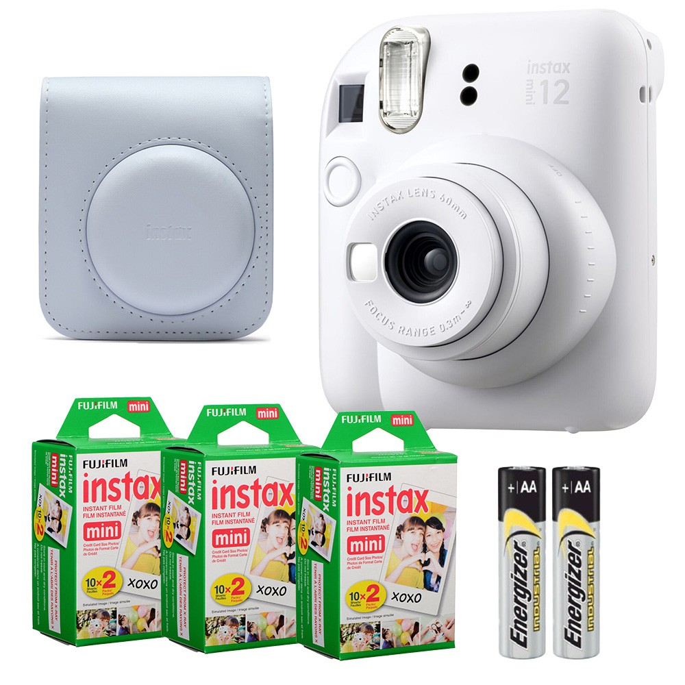 Fujifilm Instax Mini 12 Camera (Clay White) w/ Case & 60 Mini Film