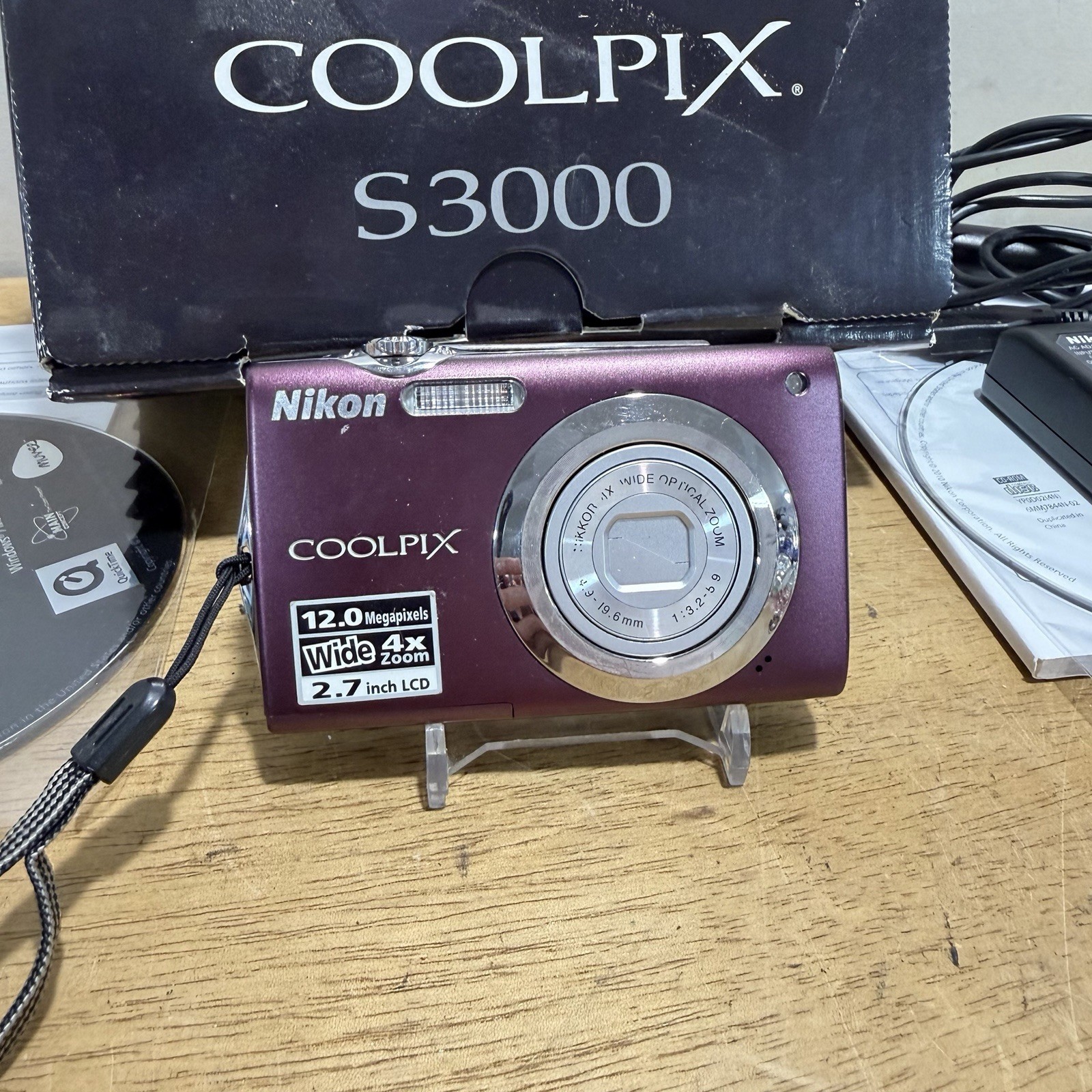Nikon Coolpix S3000 Digital Camera 12.0MP Plum W/ Box Charger Cable Tested Y2K