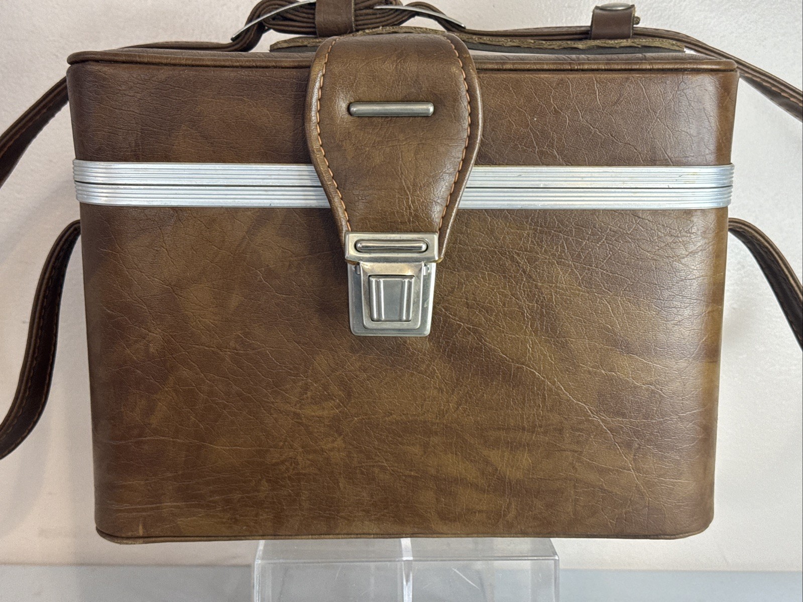VTG Brown Faux Leather Camera Hard Shell Case Complete w/ Shelf 12x 6 x 9 NICE