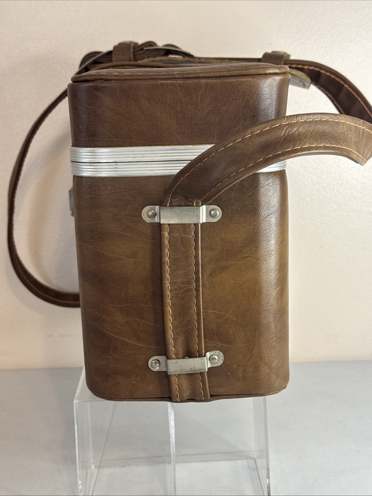 VTG Brown Faux Leather Camera Hard Shell Case Complete w/ Shelf 12x 6 x 9 NICE