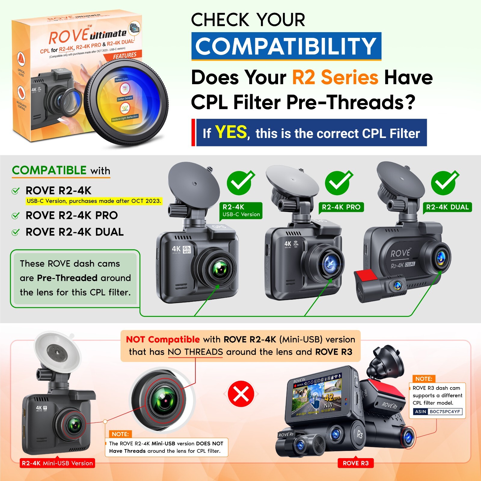 ROVE Ultimate CPL Circular Polarizer Filter for ROVE R2-4K & R2-4K PRO Dash Cams