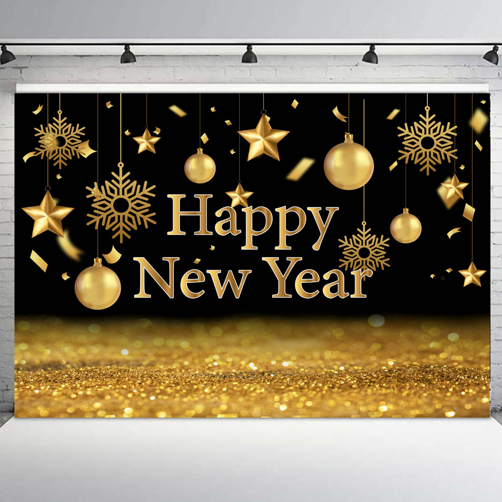 10x8ft Gold Sequins Snowflake Happy New Year Photo Background Studio Props