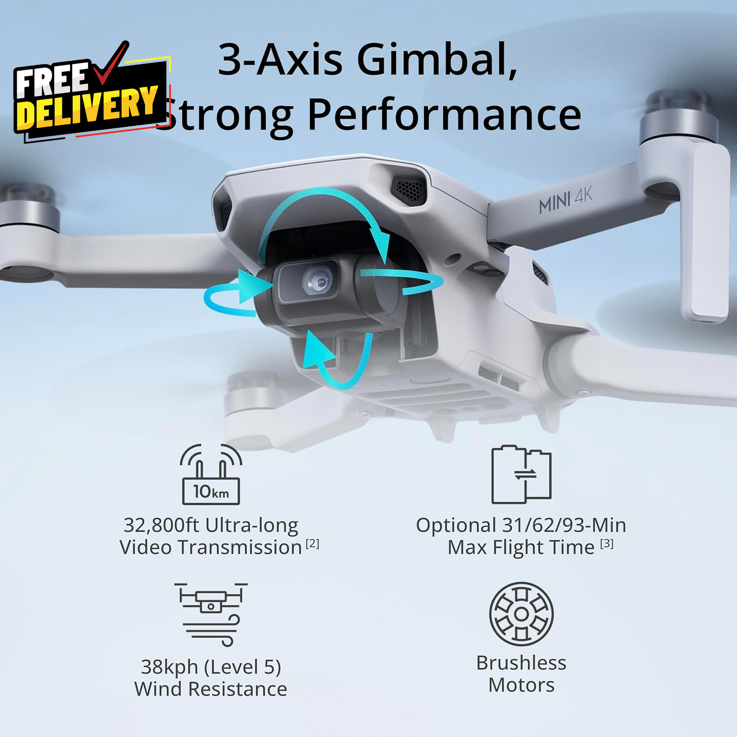 Mini 4K Drone w 4K UHD Camera 3-Axis Gimbal 10Km Transmission 31-Min Flight