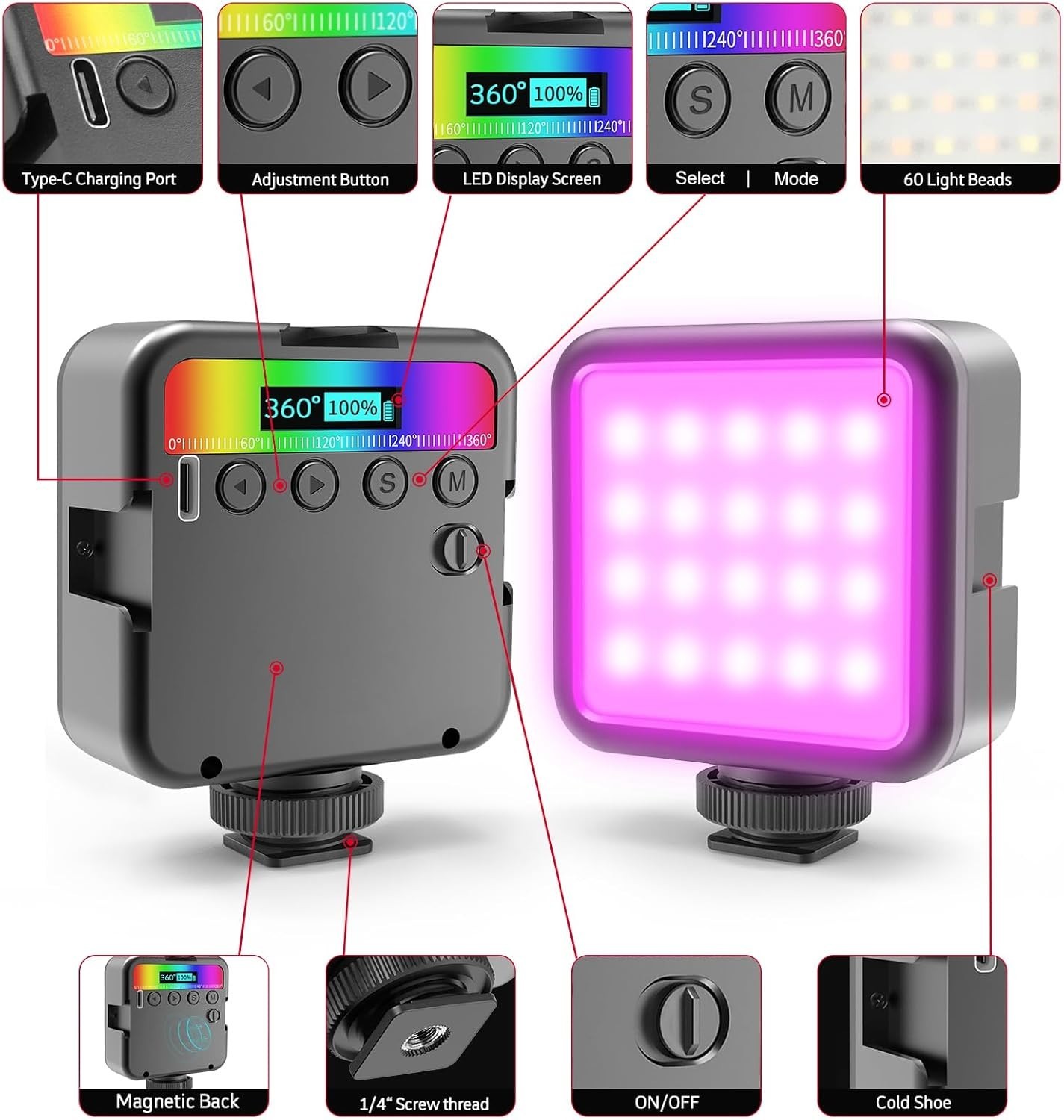 Magnetic RGB LED Video Light Camera Light 360 Full Color Portable Black