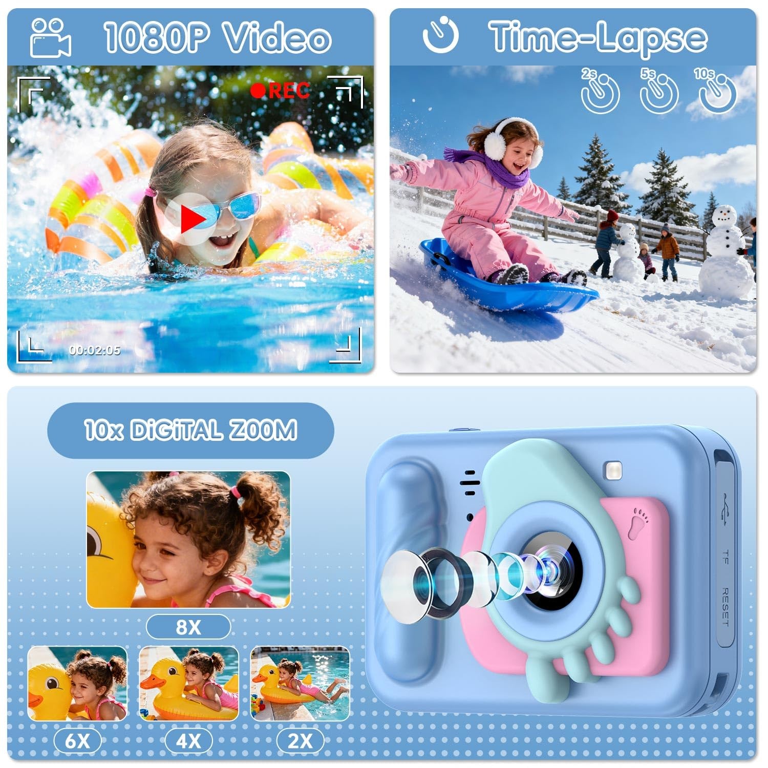 Underwater Camera Kids IP68 Waterproof 48MP Dual Lens 1080P Video Sky Blue