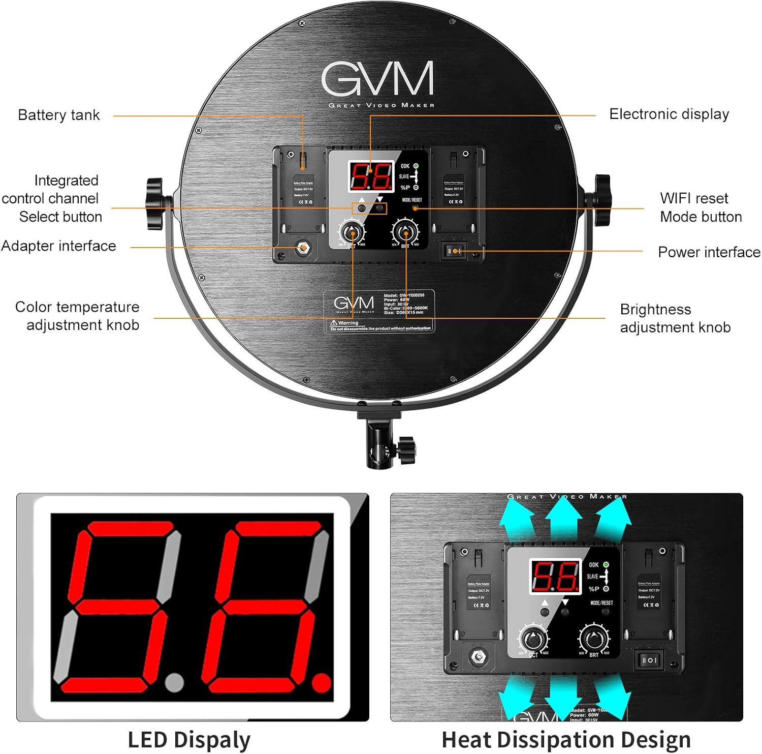 GVM Key Light, 14″ LED Video Light with APP Control, Bi-Color round Lighting, Ul
