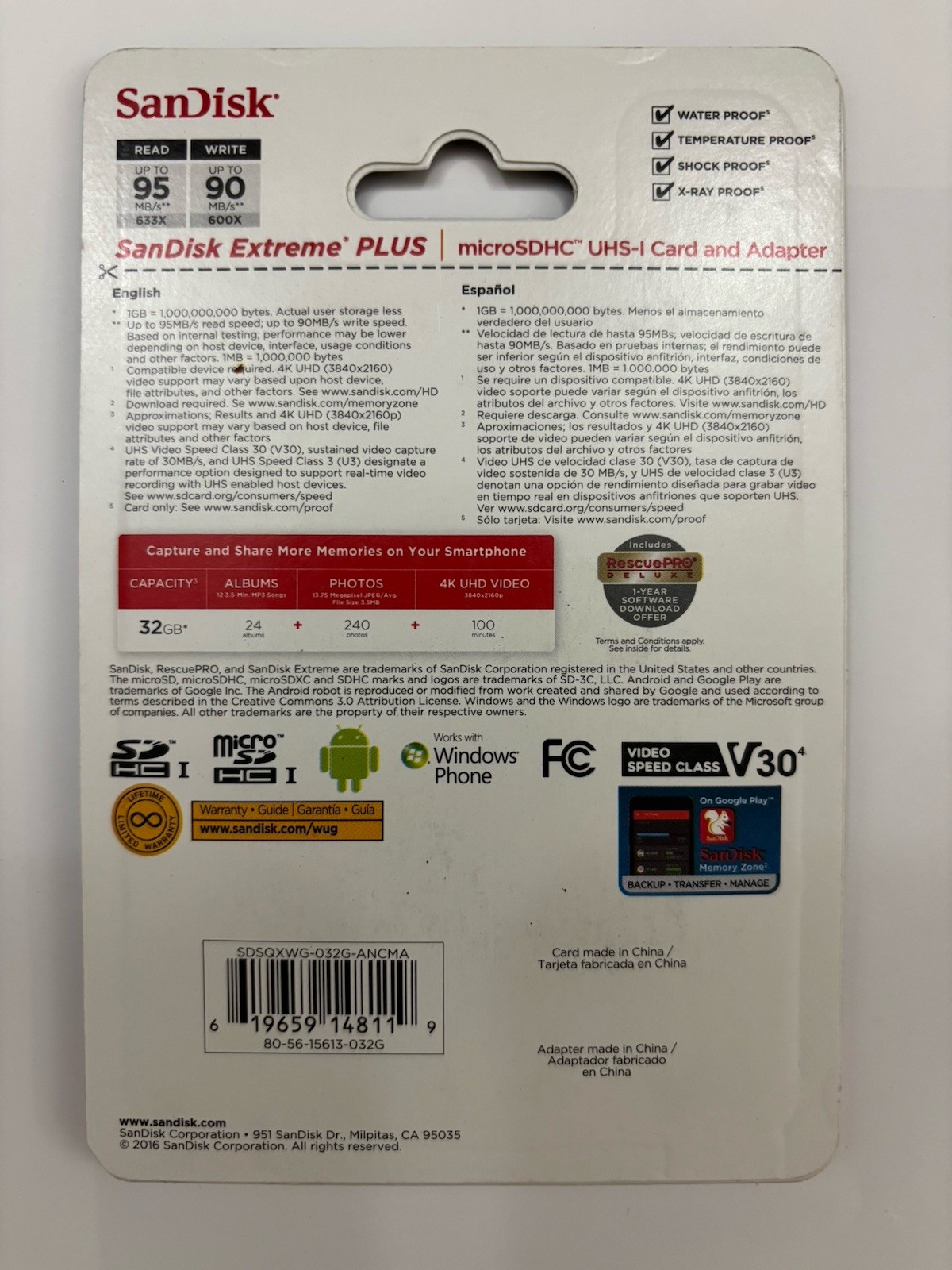SanDisk Extreme Plus 32GB microSDHC UHS-I U3 V30 95MB/s w/ Adapter New