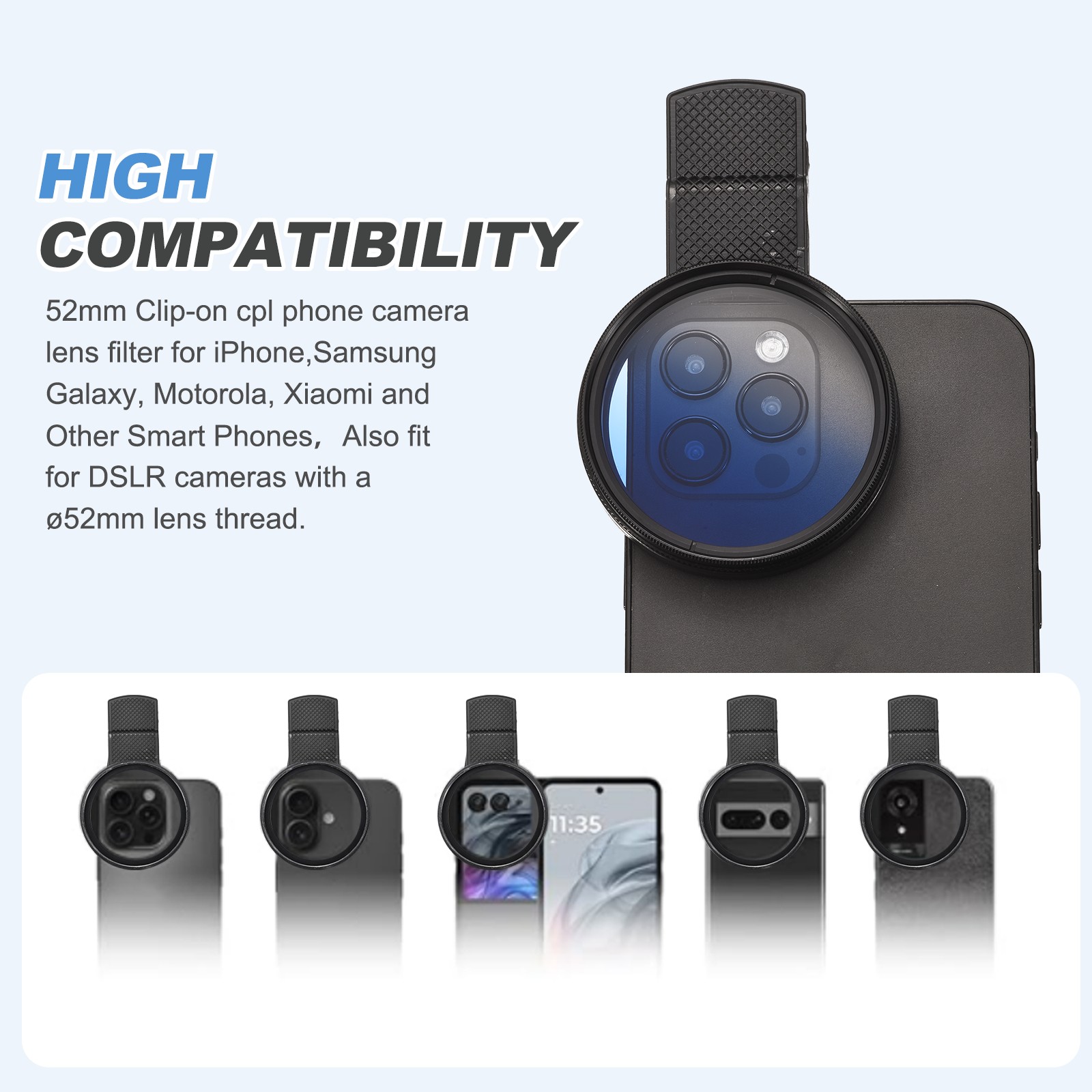 52mm Phone Camera Lens, Clip-On Graduated Color Filter, Blue