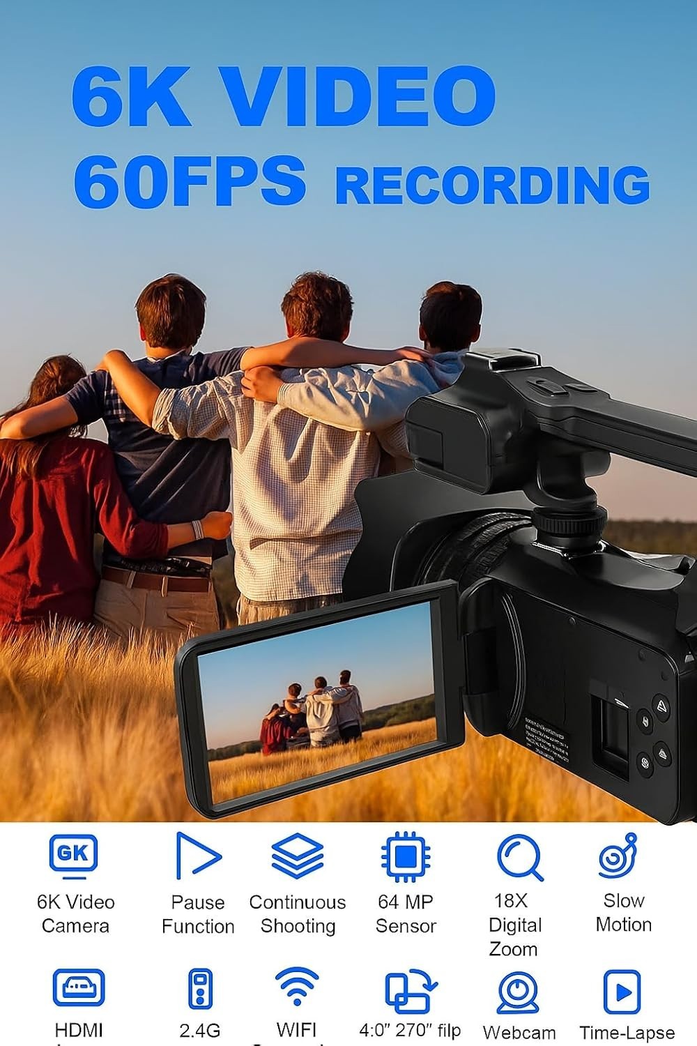6K Video Camera Camcorder – 64MP Vlogging Camera for YouTube, 60FPS, 18X Zoom