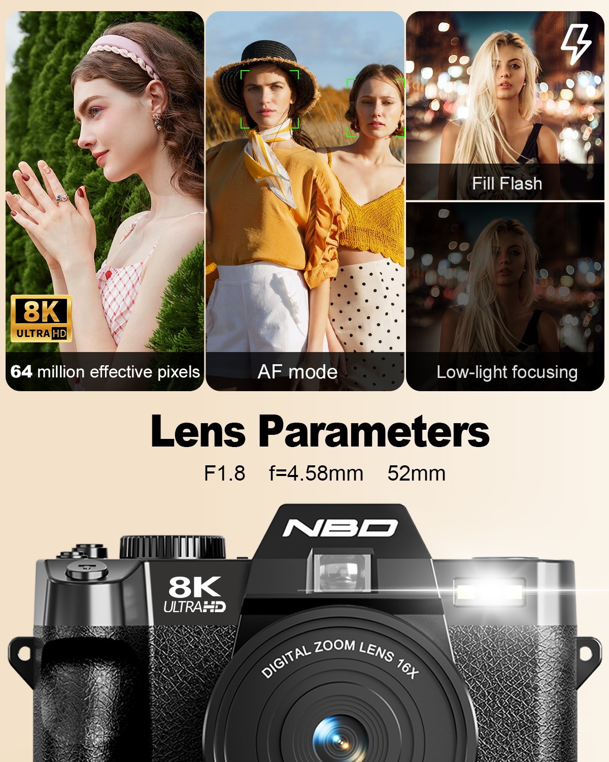NBD Digital Cameras 8K 64MP 16X WiFi Autofocus Compact Camcorder For Vlogging