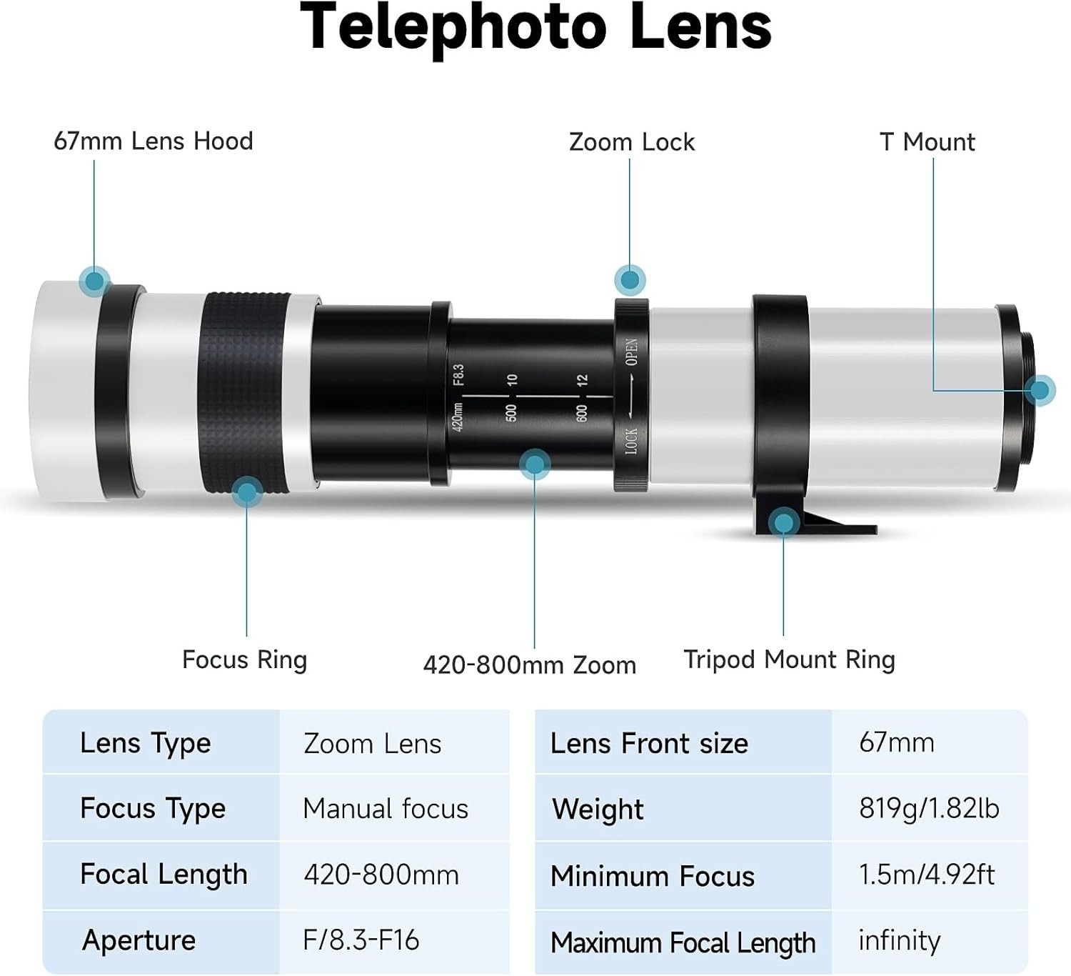 420–800mm Telephoto Zoom Lens MF for Canon EOS Rebel T8i T7i T7 T6 T5 T4i T3i