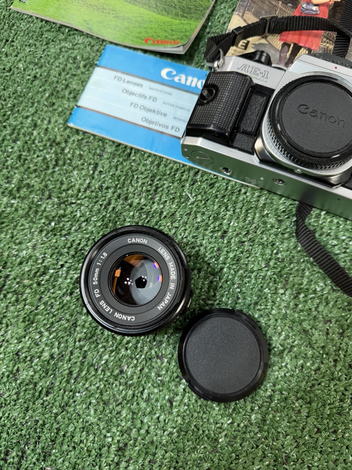 Vintage Canon AE-1 Program 35mm FILM Camera with 50mm f/1.8 FD OG Manual Case