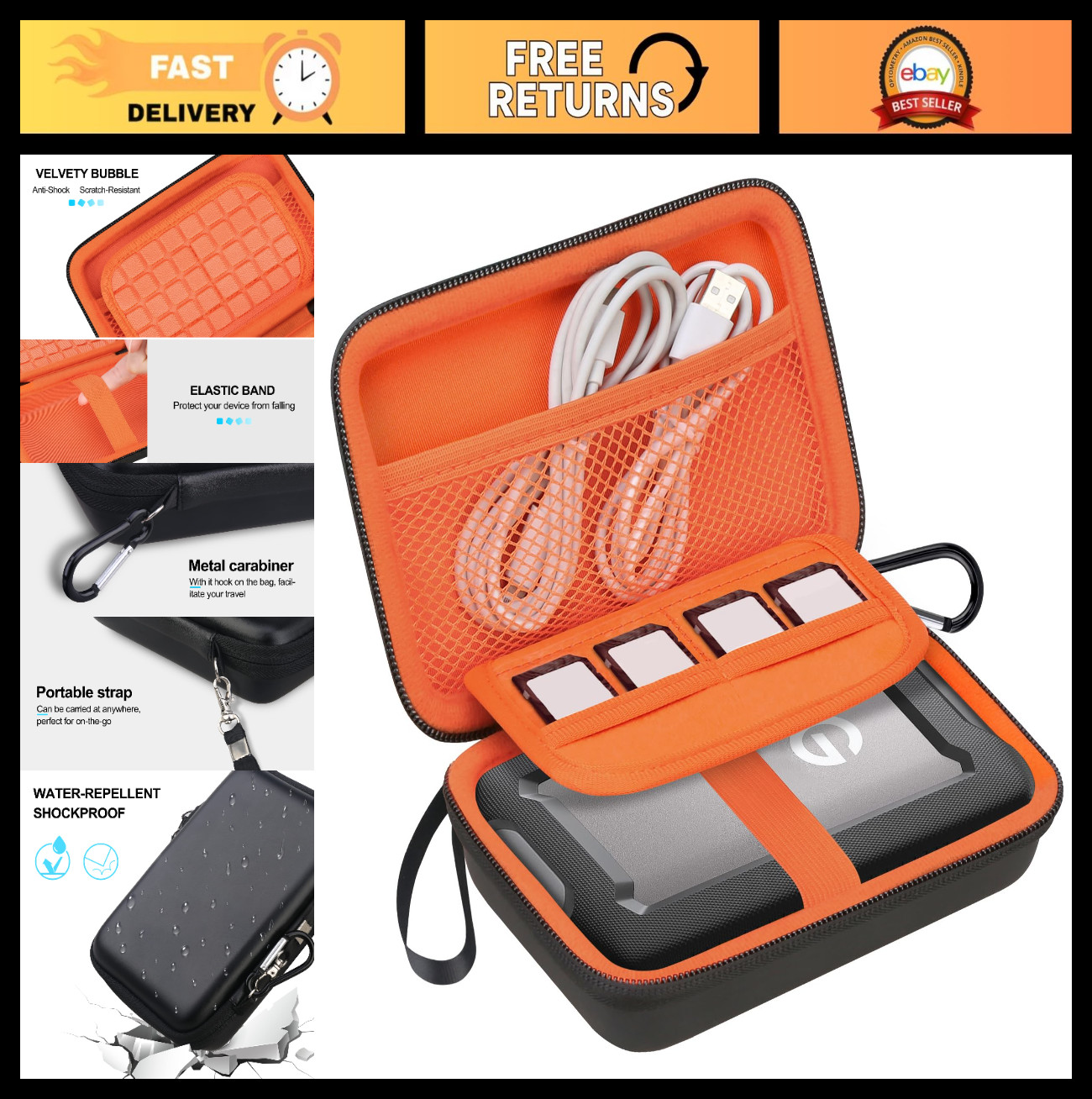 Rugged Portable Hard Drive Case – Shockproof Travel Bag for 1TB-6TB HDD USB-C 3.