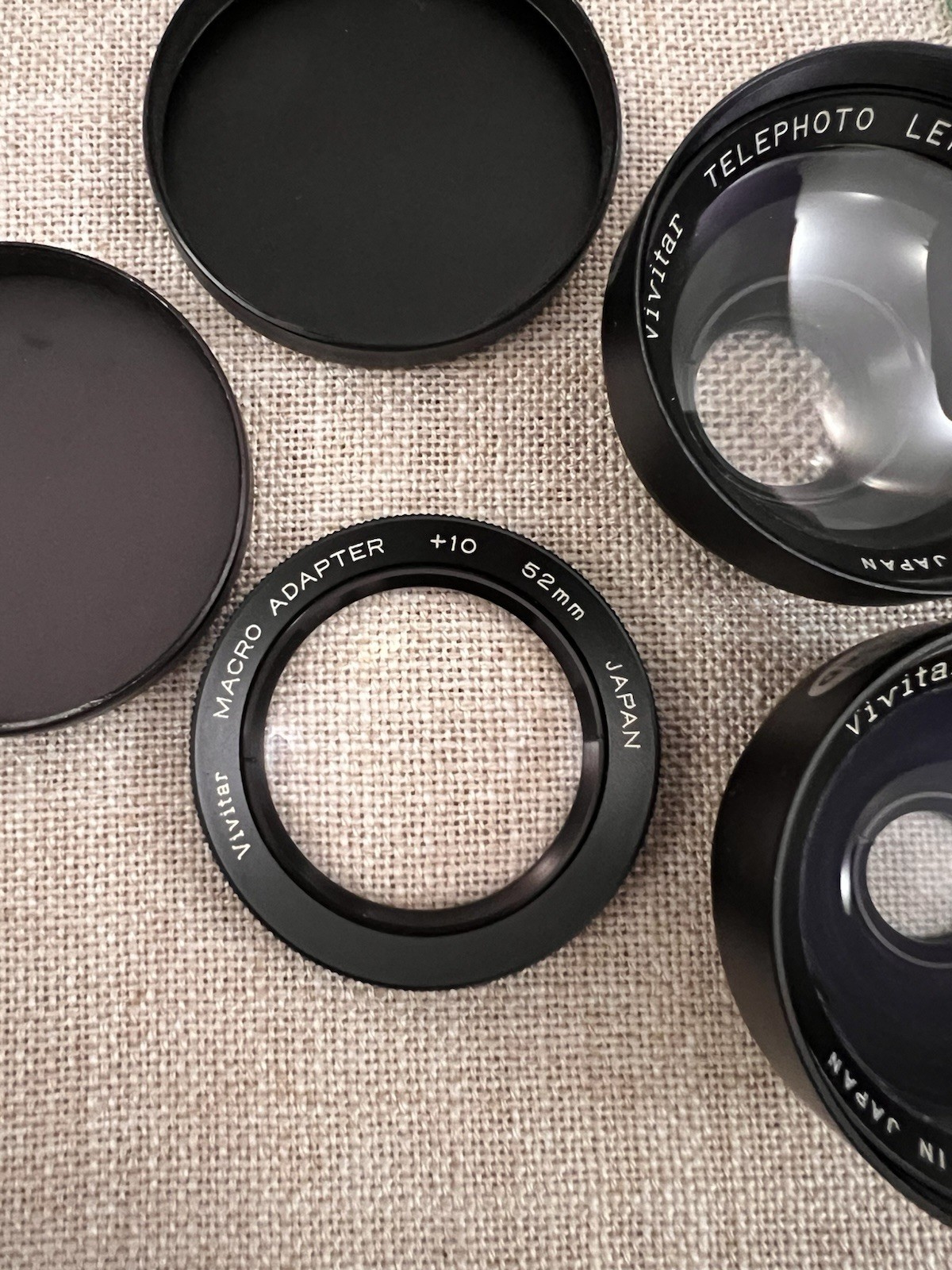 Vintage Vivitar 52mm Auxiliary Lens Set—Wide, Tele, & +10 Macro, Caps and Cases