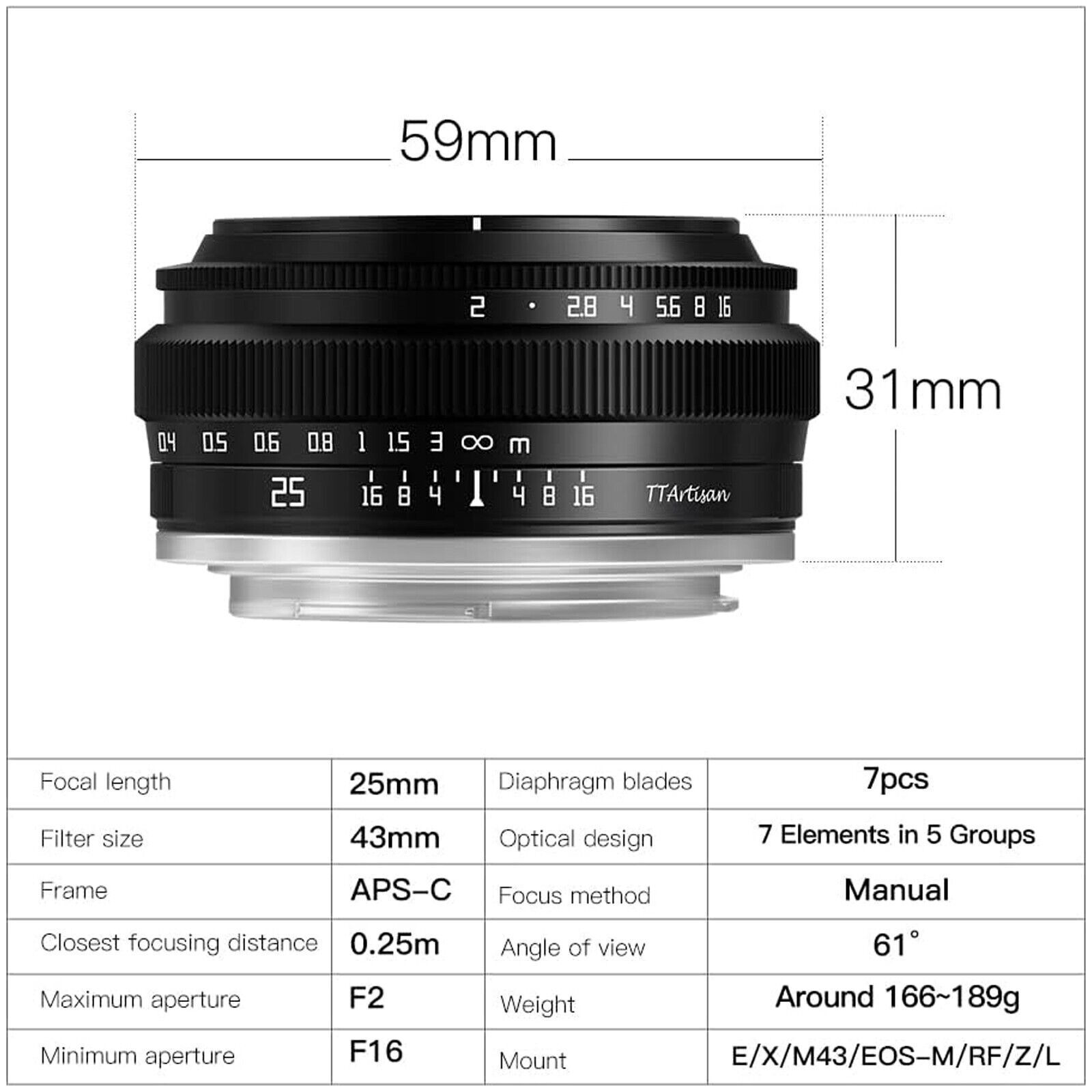 TTArtisan 25mm F2 Wide Angle APS-C Lens For Fuji X Mount X-A1 X-M1 X-T1 X-H1