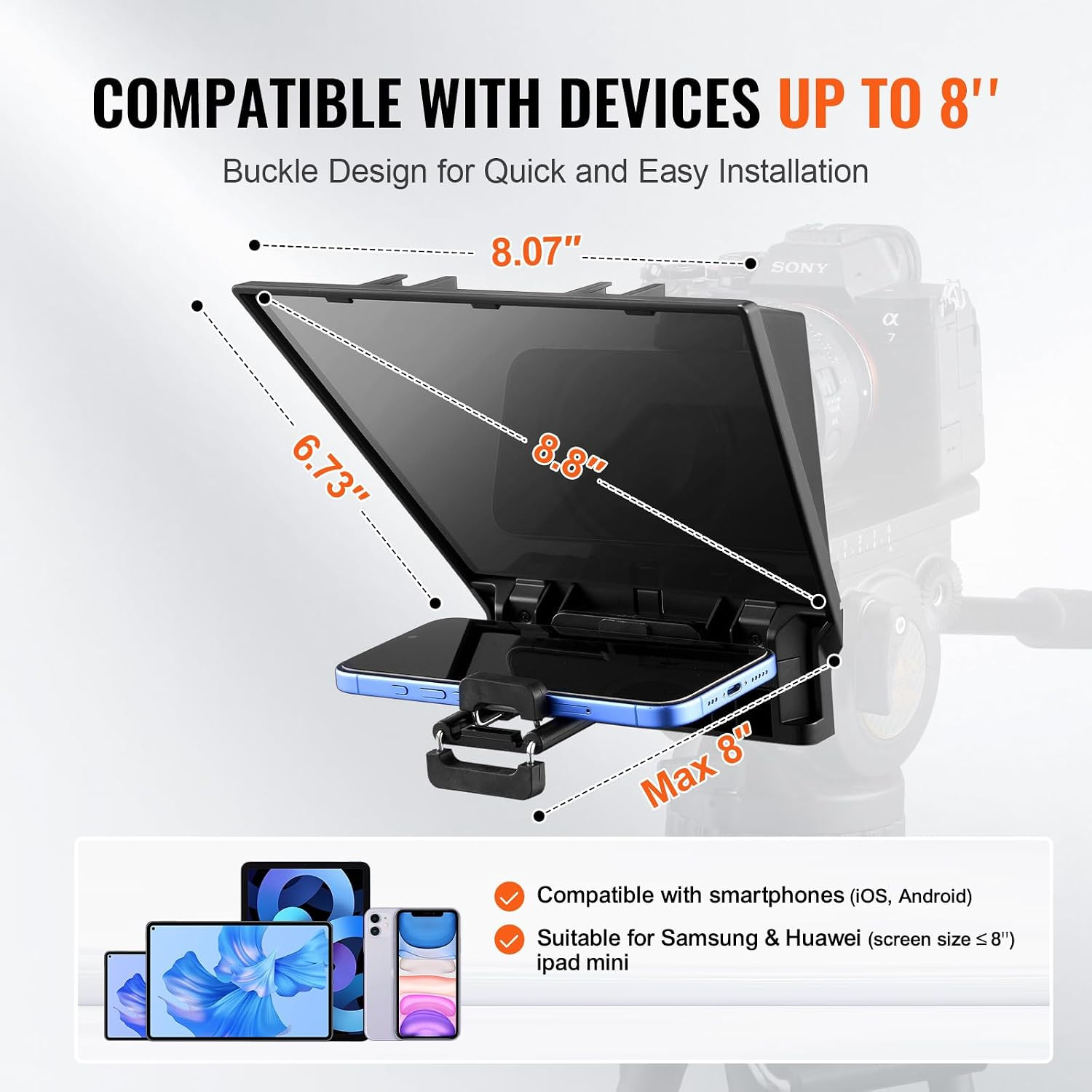 Teleprompter, 8″ Desktop Prompter with Adjustable Spectroscope, Remote Control,
