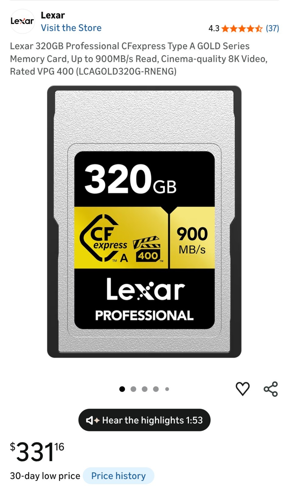 Lexar 320GB Professional CFexpress Type A GOLD S Memory Card LCAGOLD320G-RNENG