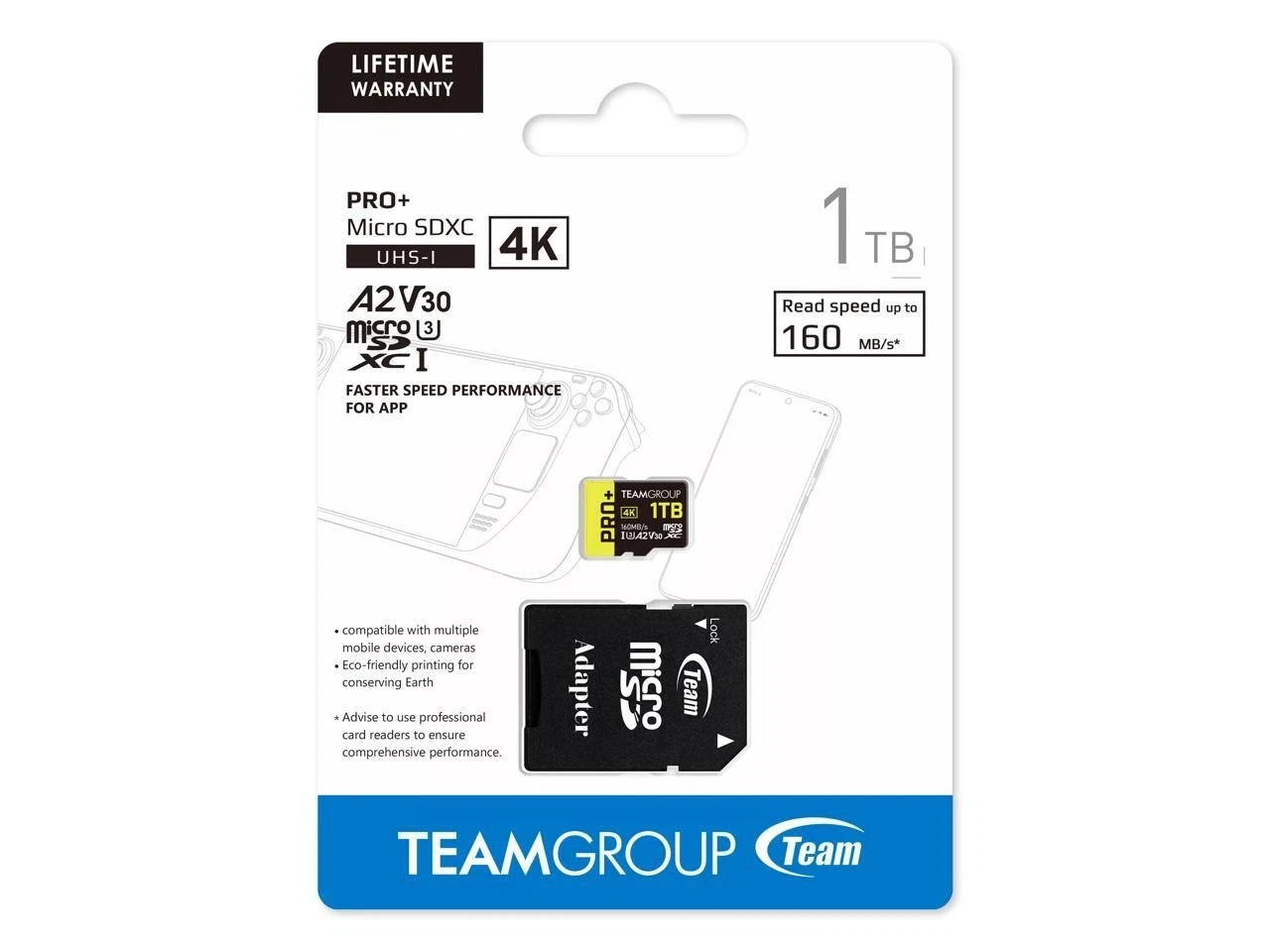 Team 1TB Pro+ 4K microSDXC UHS-I/U3 A2 V30 Class 10 Memory Card Adapter 160mb/s