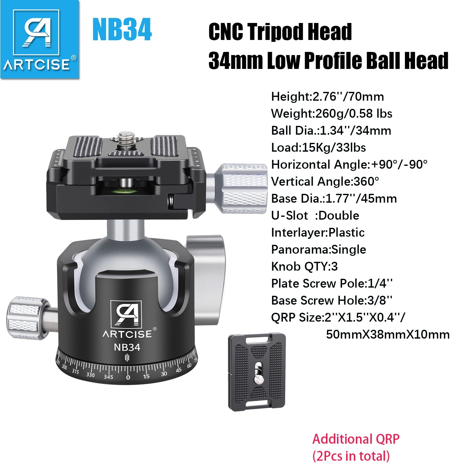 Low Profile Camera Tripod Ball Head, 34mm All Metal CNC Panorama Ball Head