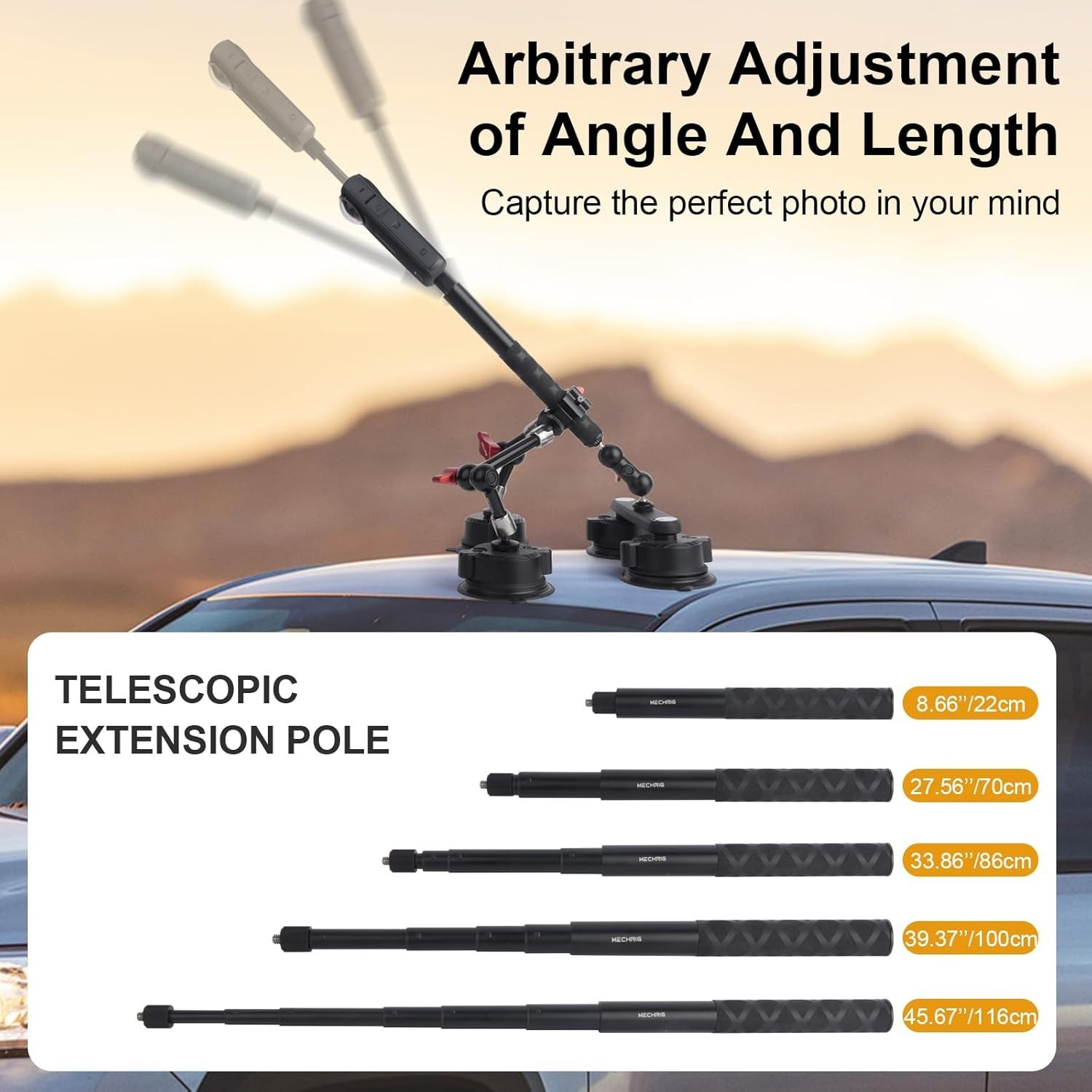 Versatile Camera Suction Cup Car Mount Kit with Telescopic Extension Pole & 360°
