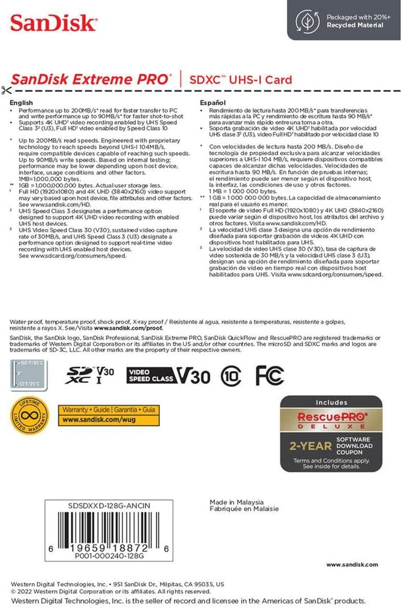 Pro 128GB SD Card UHS U3 200MB/s Read 140MB/s Write C10