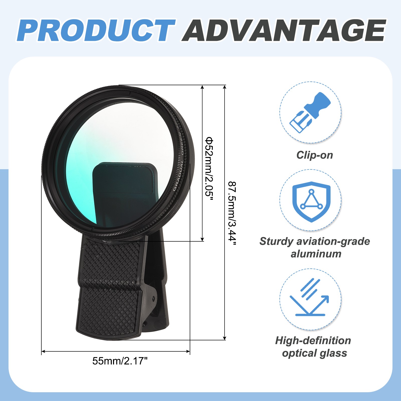 52mm Phone Camera Lens, Clip-On Graduated Color Filter, Green