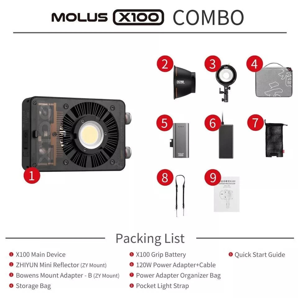 Zhiyun Molus X100 Combo 100W Bi-Color COB LED Video Light 2700K-6500K Portable