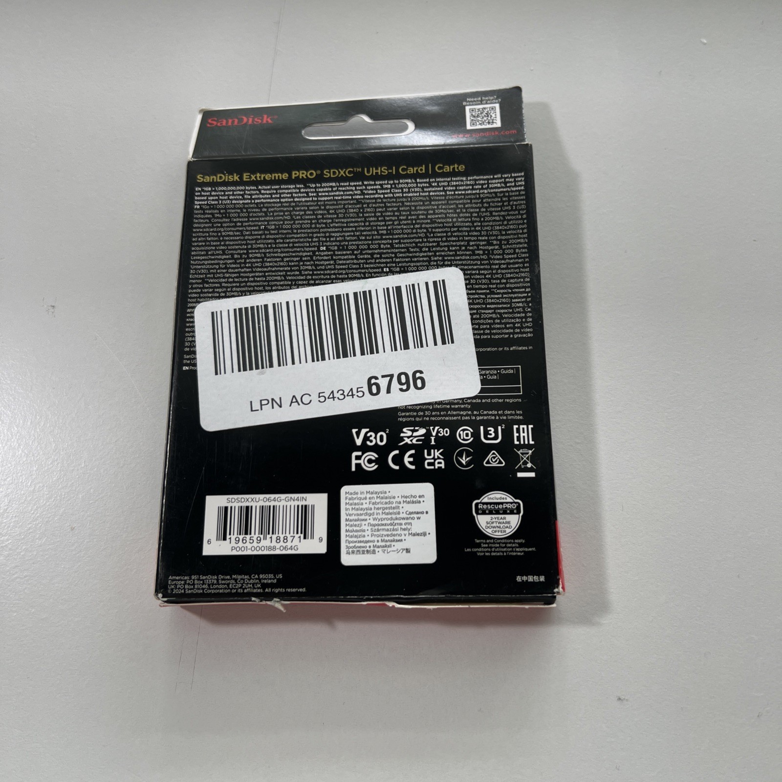 Sandisk Extreme PRO SD UHS-I Memory Card, V30 – 64GB