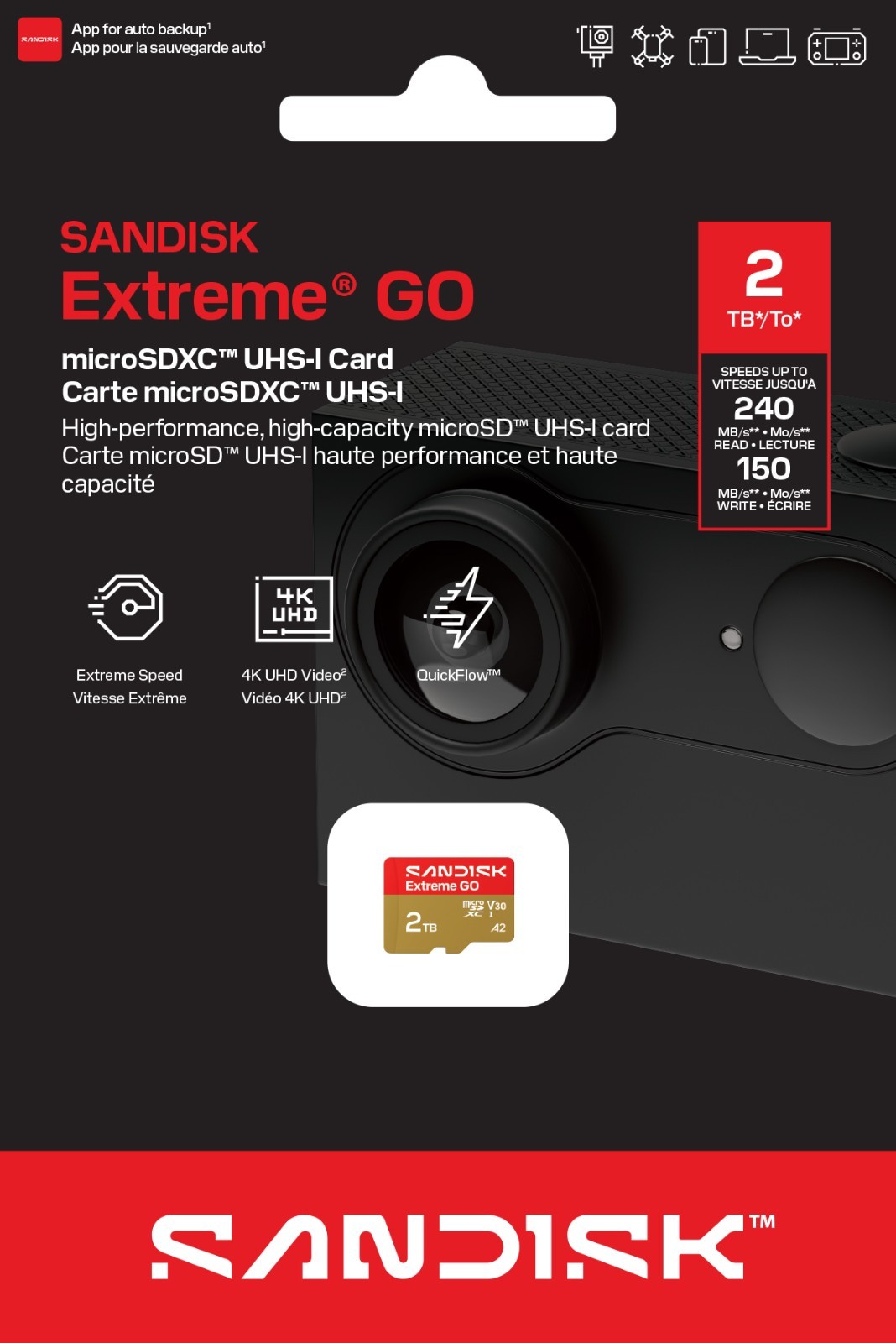 SanDisk Extreme GO 2TB microSDXC 240MB/s UHS-I U3 4K V30 A2 SDSQXGN-2T00-GN6MN