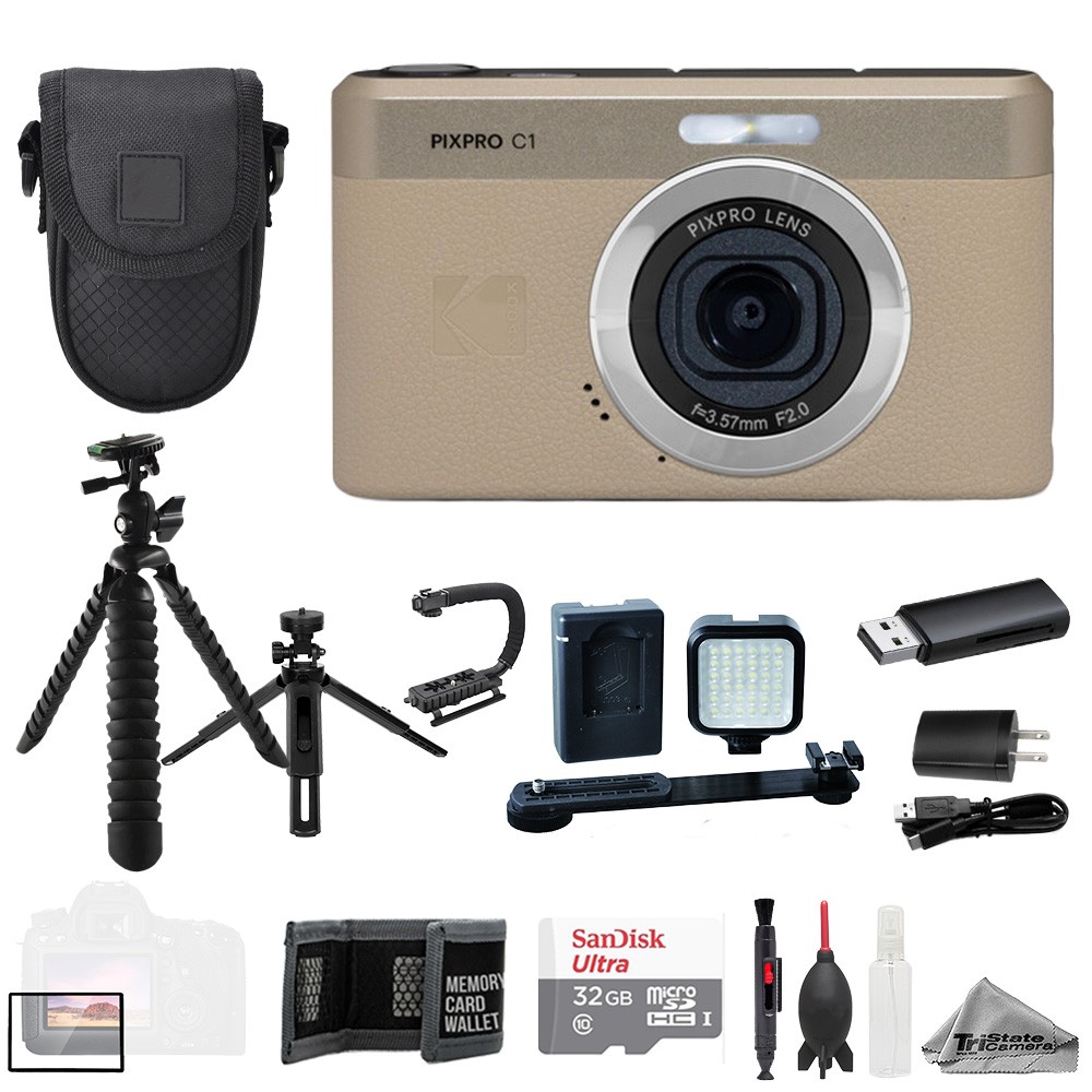 Kodak PIXPRO C1 Compact Camera Tan +32GB +Ext Batt+ LED Light- ULTIMATE Kit