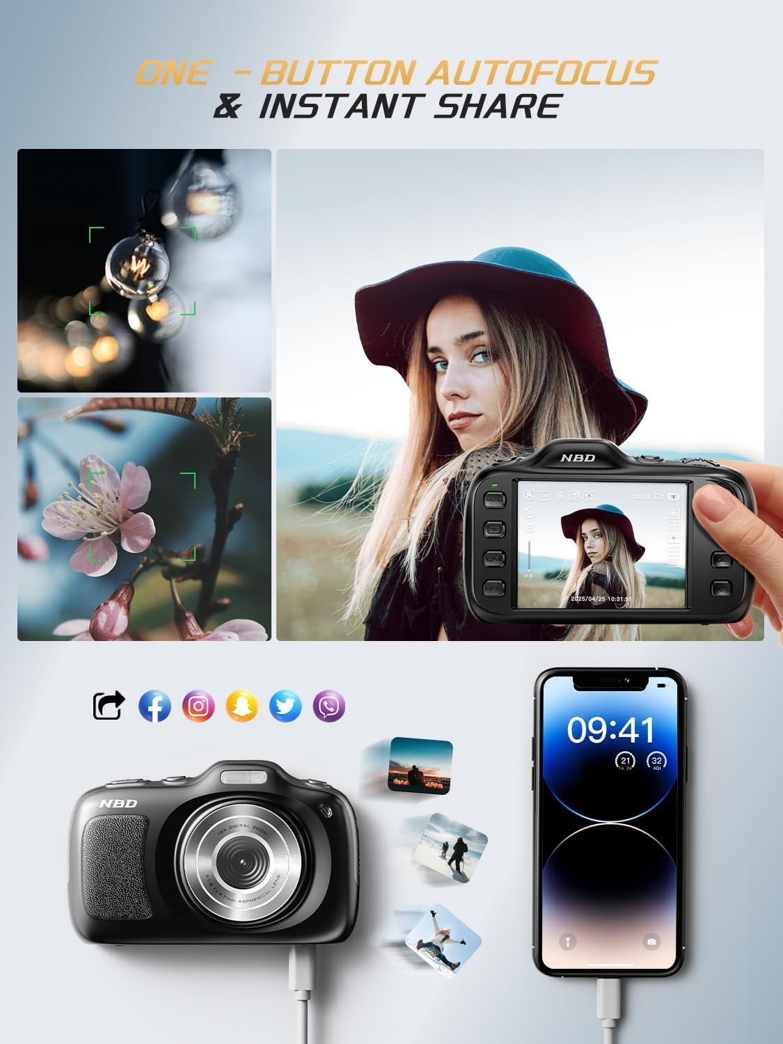 Compact 4K Digital Camera 64MP 16X Autofocus for Kids Girls 32GB TF Photography