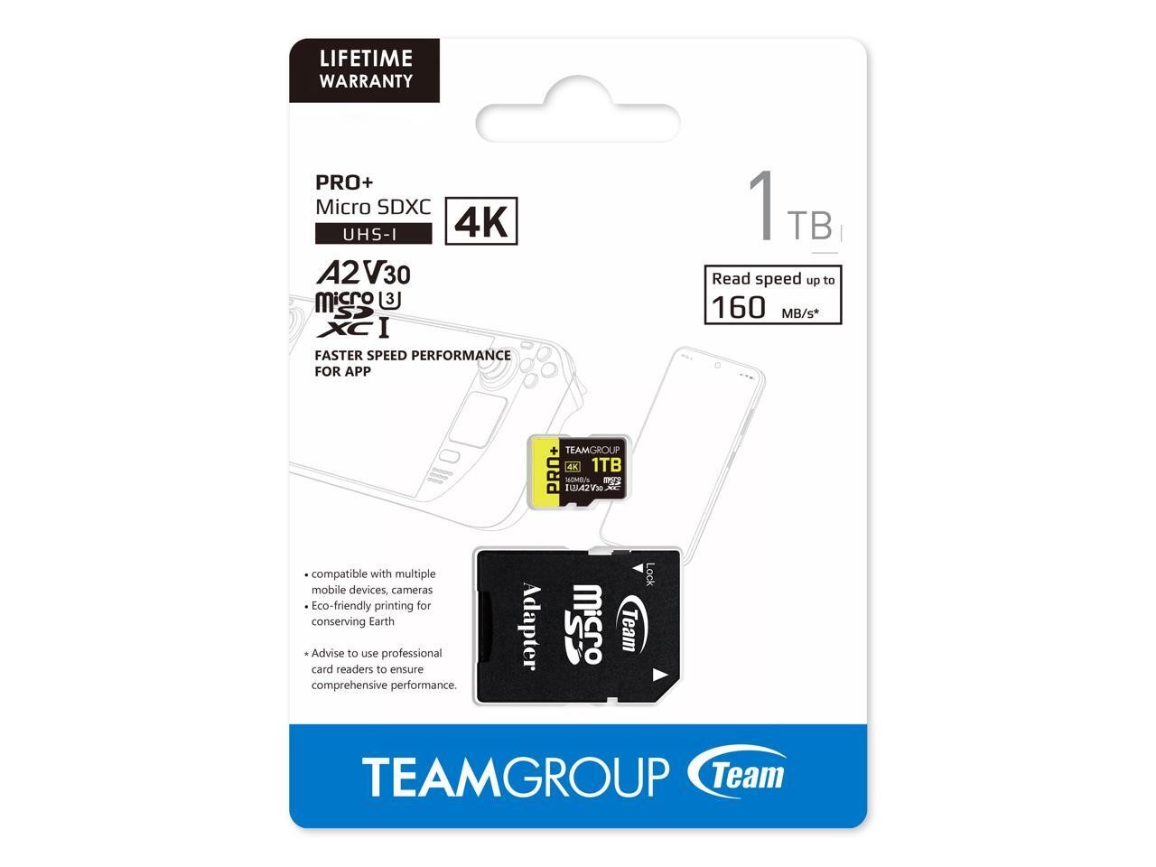 Team 1TB Pro+ microSDHC UHS-I/U3 Class 10 Memory Card with Adapter, compatible w