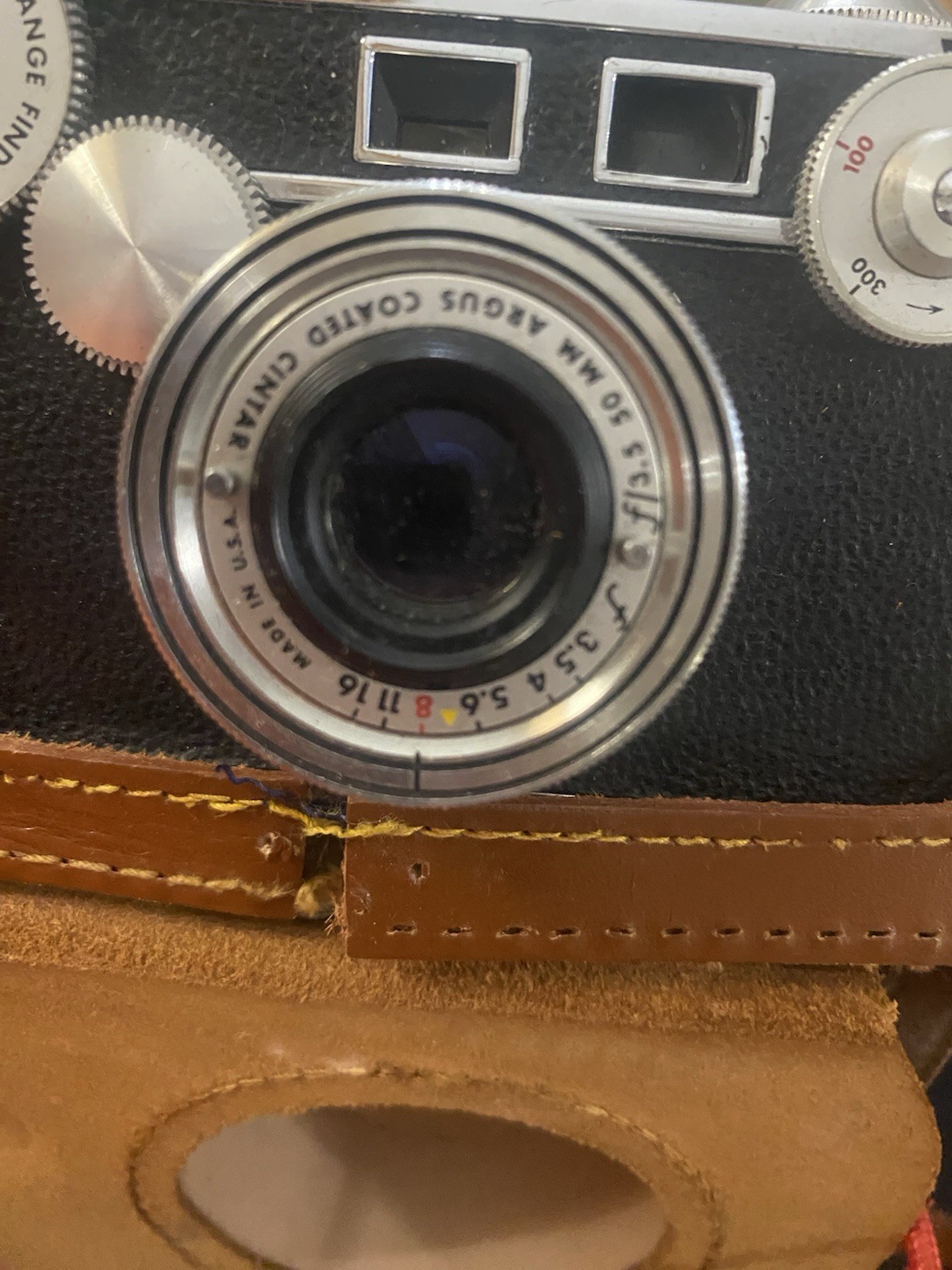 Vintage Argus C-Four 35mm Camera With 50mm f/2.8 Cintar Lens And Leather Case