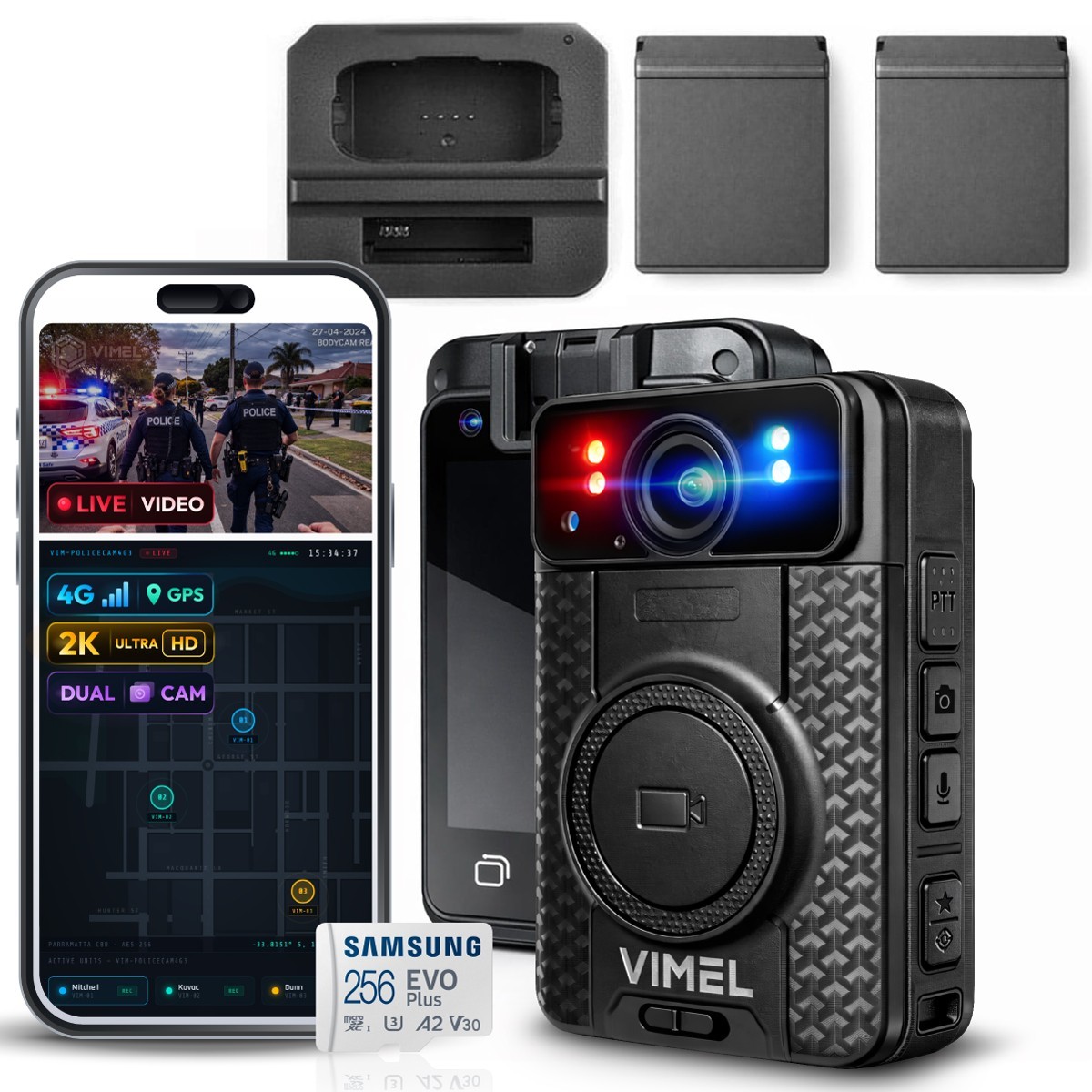 Body Worn Camera GPS 4G 2K Dual Lens Pre Record SOS Live Stream IPS Touchscreen