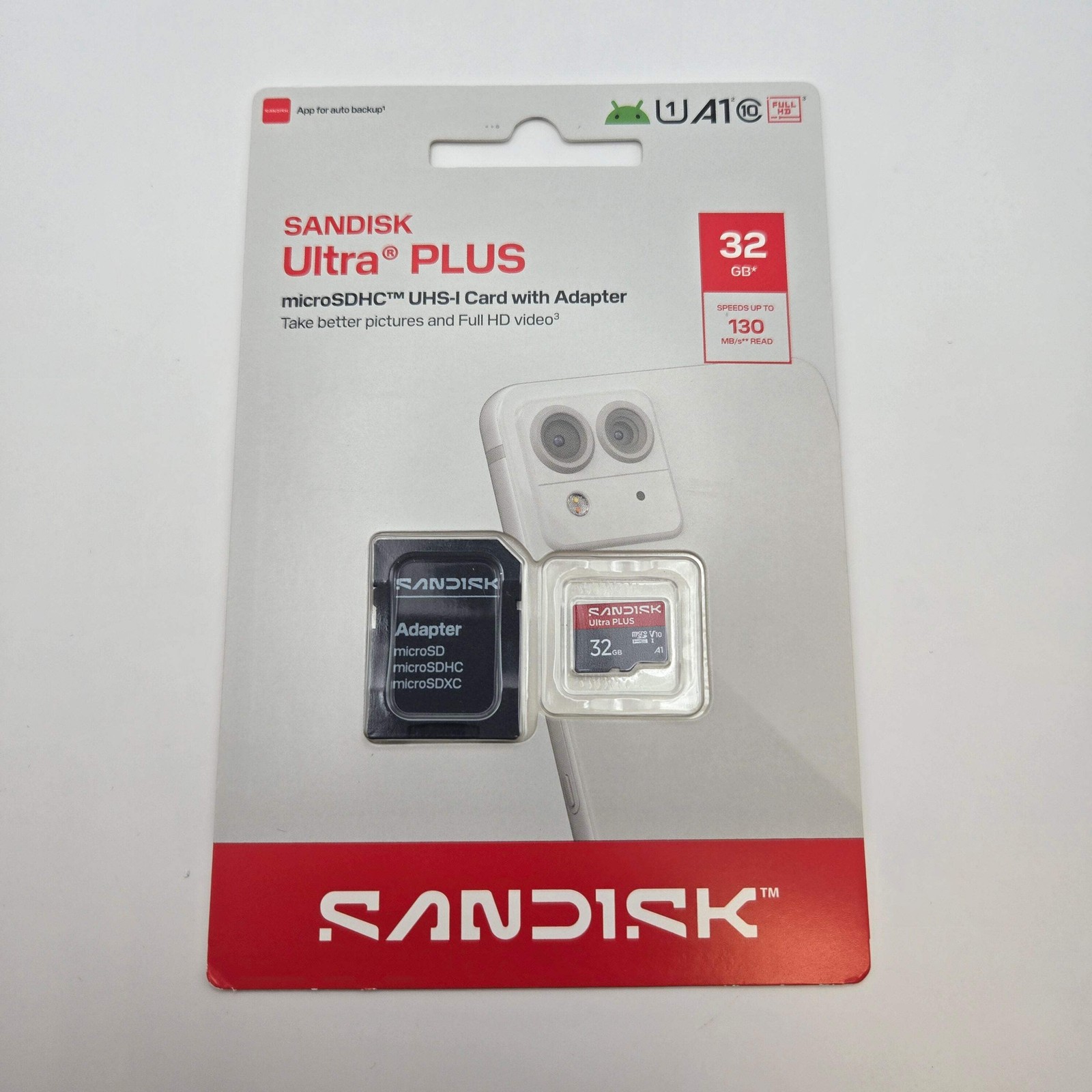 NEW SanDisk Ultra Plus 32GB 130 MB/s UHS-1 MicroSDHC Card with Adapter