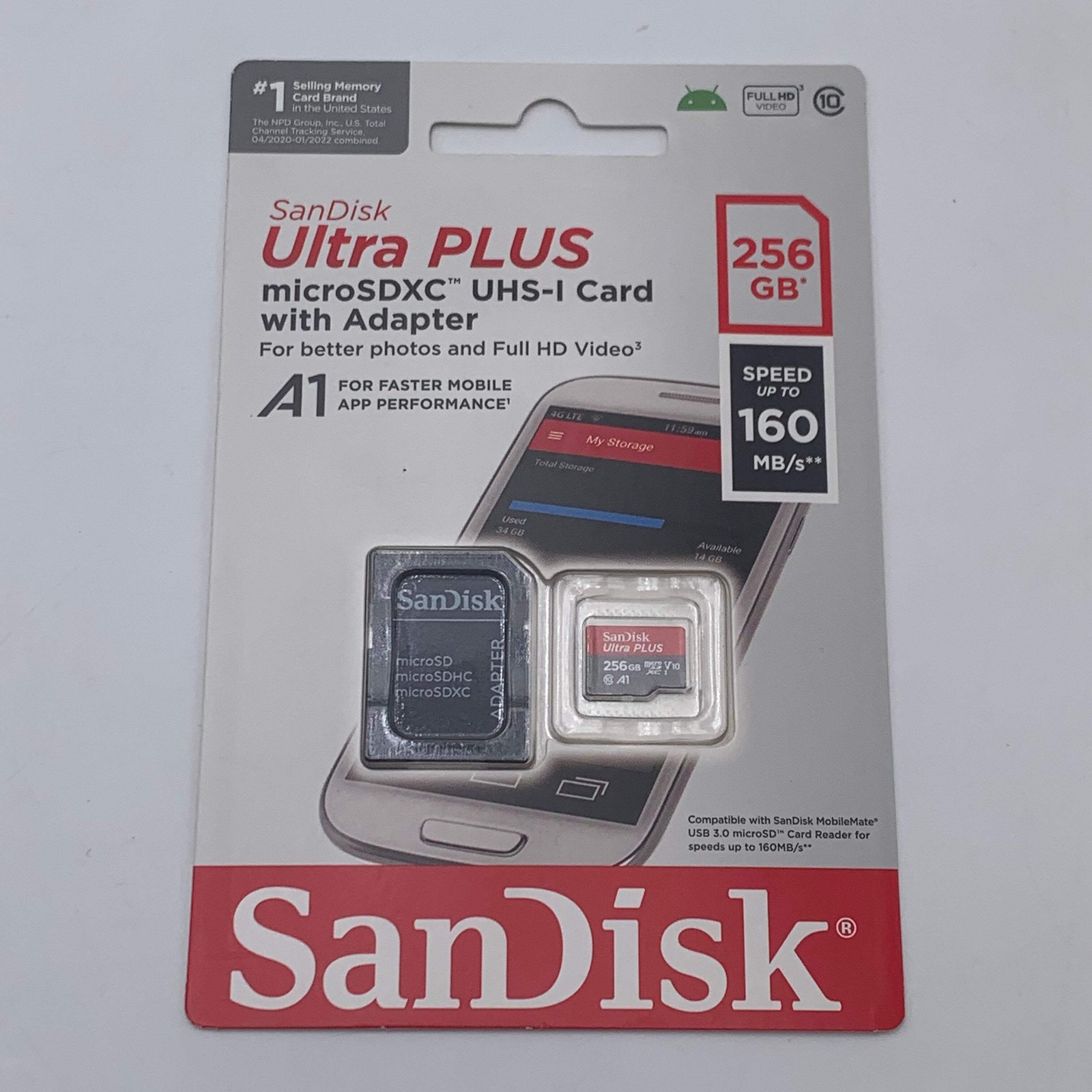 SanDisk Ultra Plus 256GB MicroSDXC UHS-I Memory Card with Adapter 160MBs