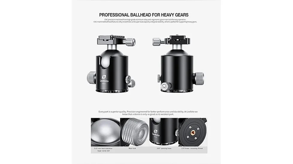 Leofoto HB-70 70mm Heavy Duty Ball Head Tripod Head with QR Plate & Case