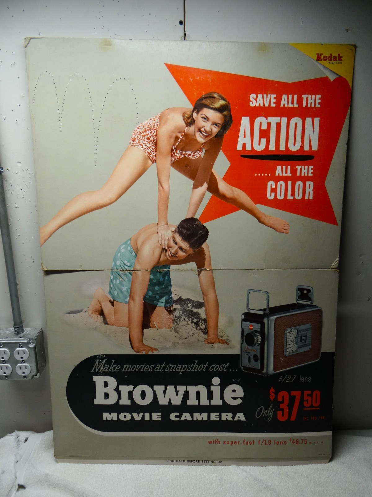 Huge 1950s Vtg Kodak Brownie Movie Camera Sign Pinup Girl Beach MCM Mid Century