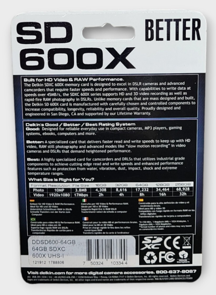 Delkin 64GB SDHC 600X UHS-I Better Grade Memory Card – Lifetime Warranty