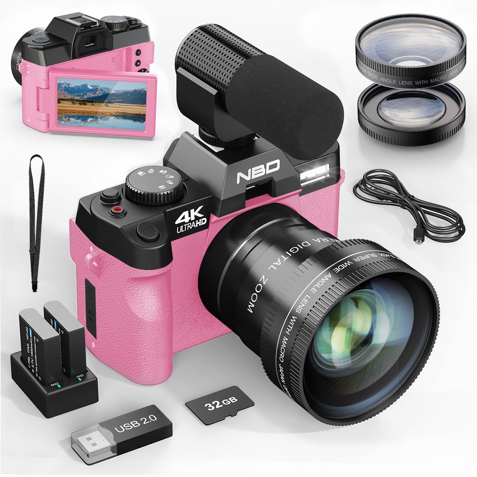 4K Digital Cameras 48MP WiFi Wide Angle Lens & Macro Lens 32GB TF For Vlogging