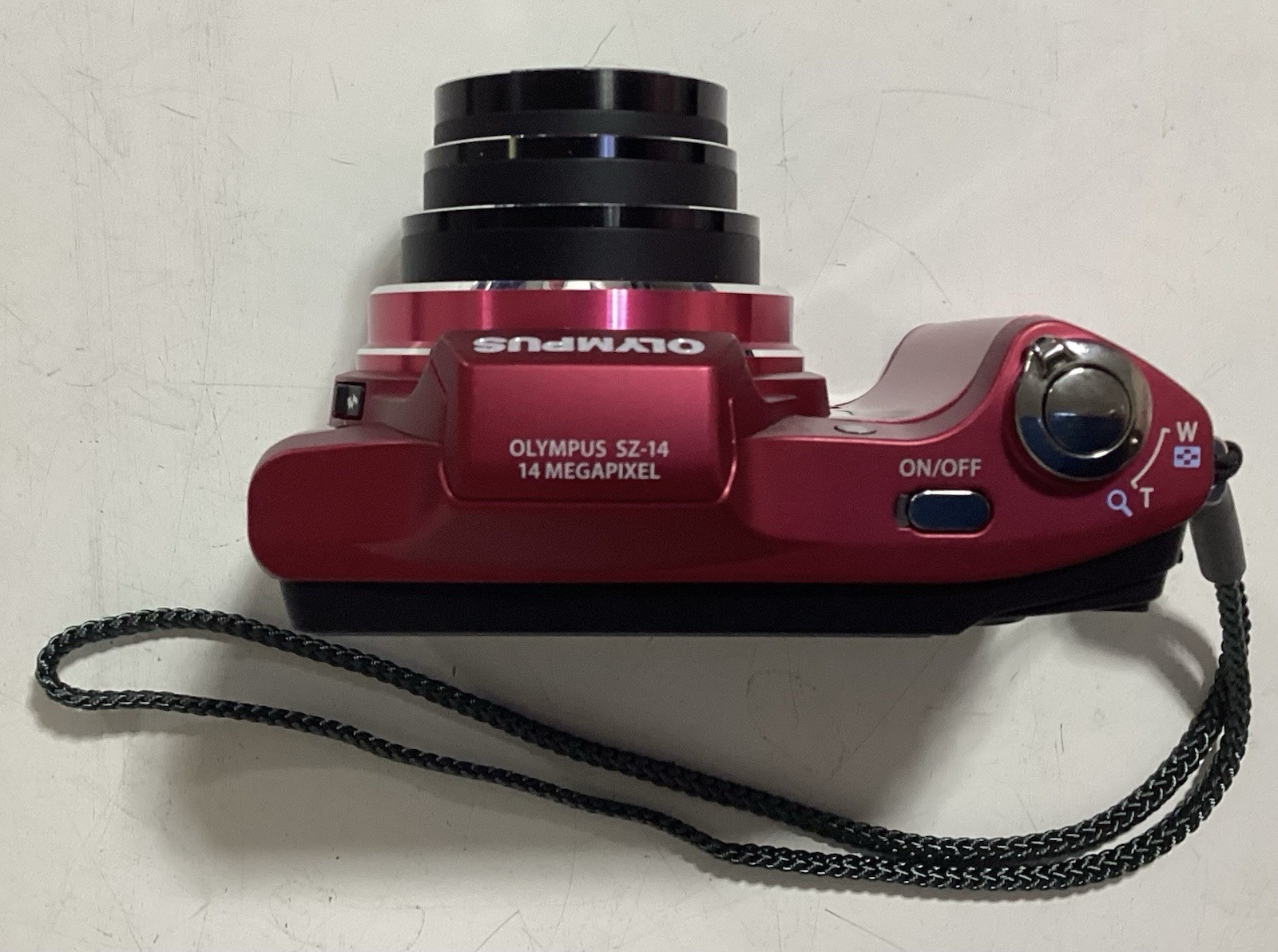 OLYMPUS SZ-14 RED DIGITAL CAMERA W/ BATTERY, CHARGER, SD CARD, & POUCH—VERY NICE