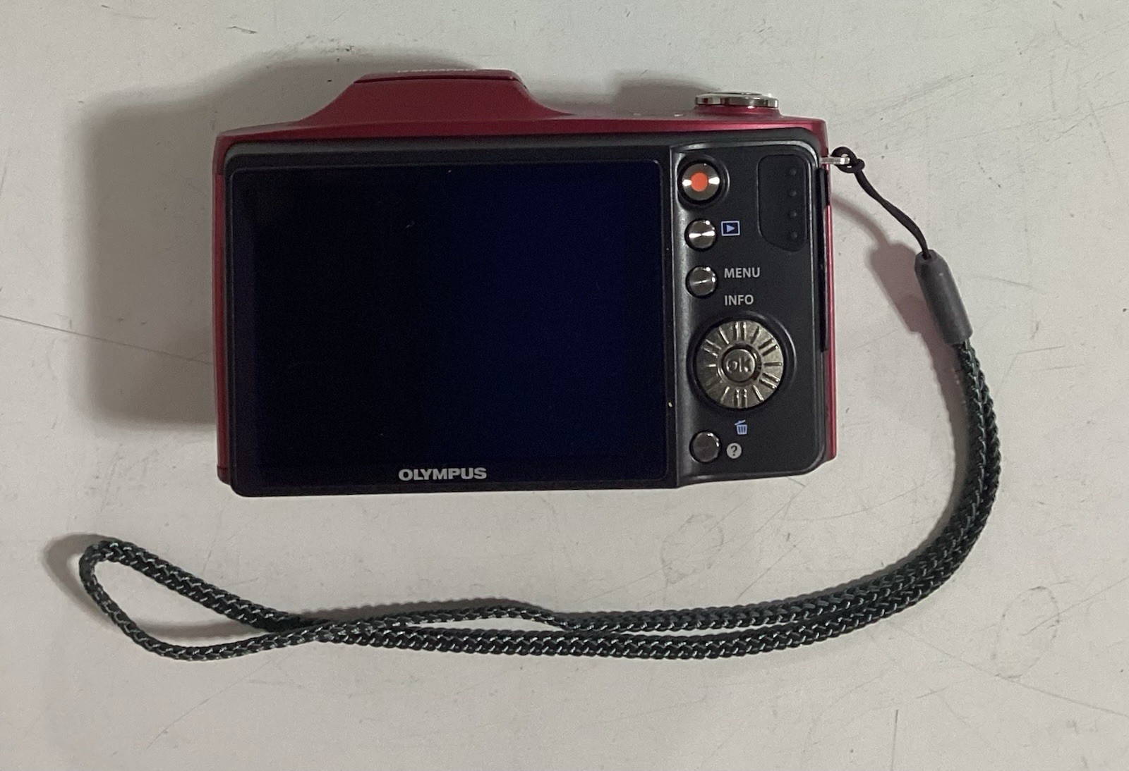 OLYMPUS SZ-14 RED DIGITAL CAMERA W/ BATTERY, CHARGER, SD CARD, & POUCH—VERY NICE