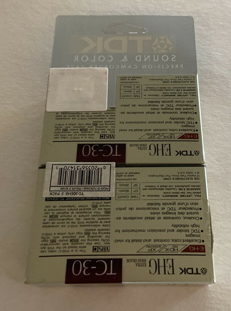 TDK 2 Pack E-HG TC-30 VHS-C Extra High Grade Camcorder Blank Tapes, NEW