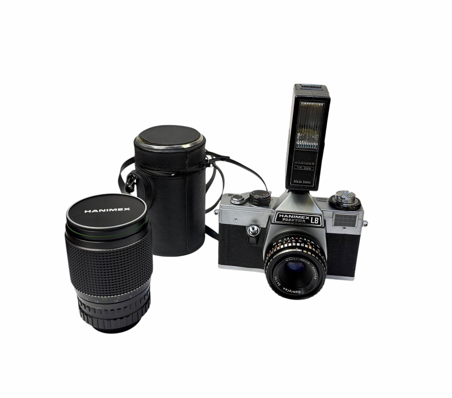 Vintage Pentacon Hanimex Praktica LB SLR 35mm Film w extra Lens + Flash TESTED