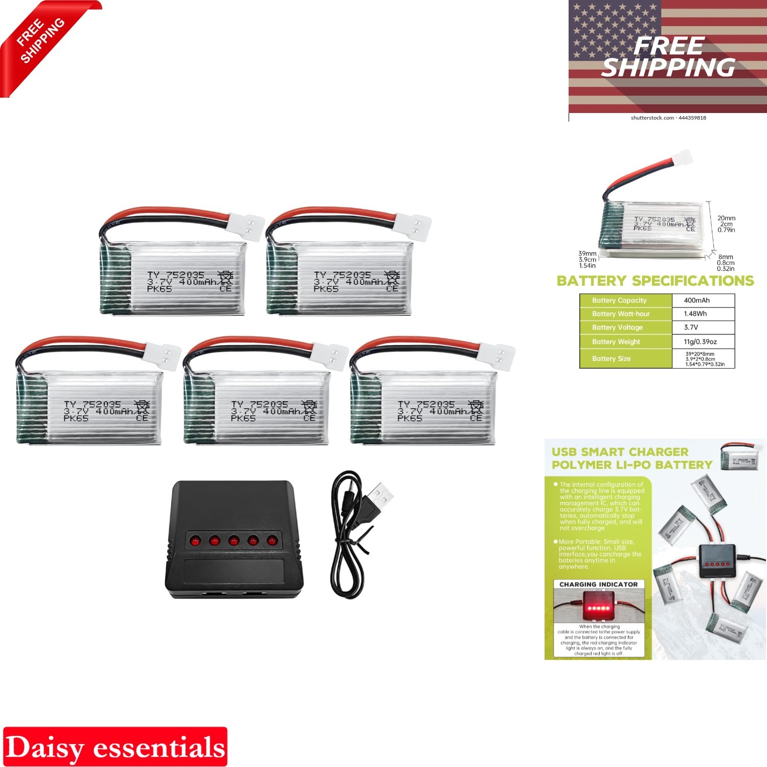 5PCS 3.7V 400mAh Lithium Battery with 5-in-1 Charger for SYMA H99W H31 H6C H9…