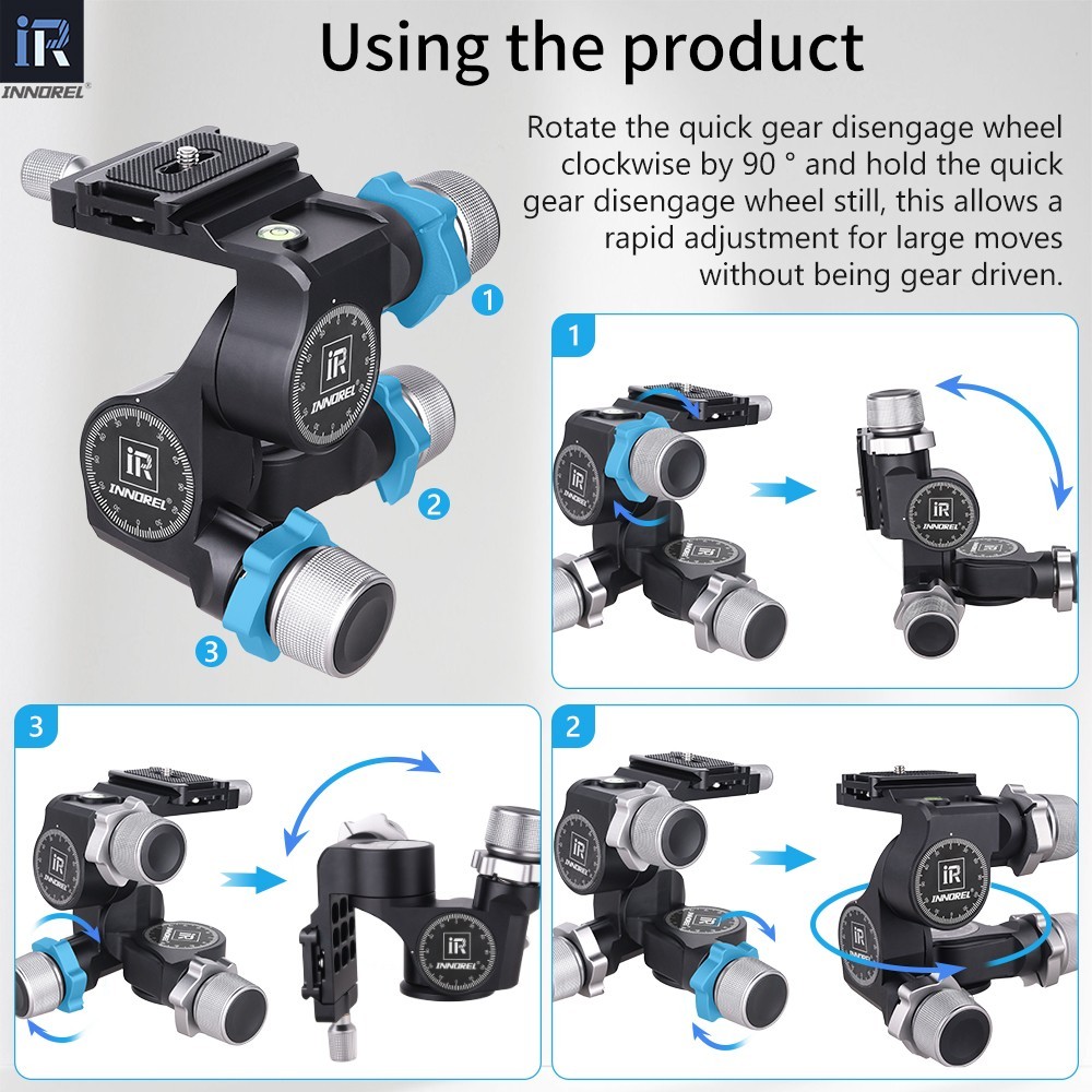GR5 3-Way Geared Tripod Head with Arca Type QR Plate Millimeter Micro Adjustment